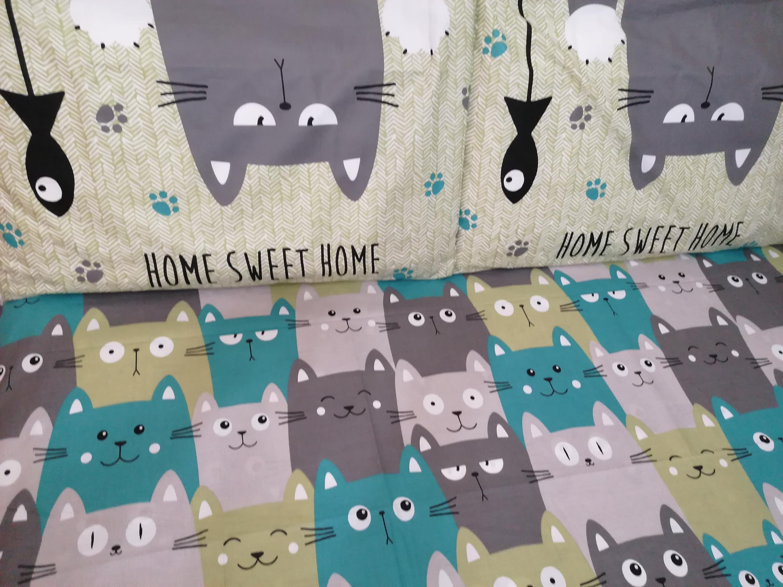 Completo Letto Una Piazza E Mezza Pago Poco: Gatti Colorati Grigio-Verde-Arancio, 100% Cotone Made In Italy, Certificato Oeko-Tex