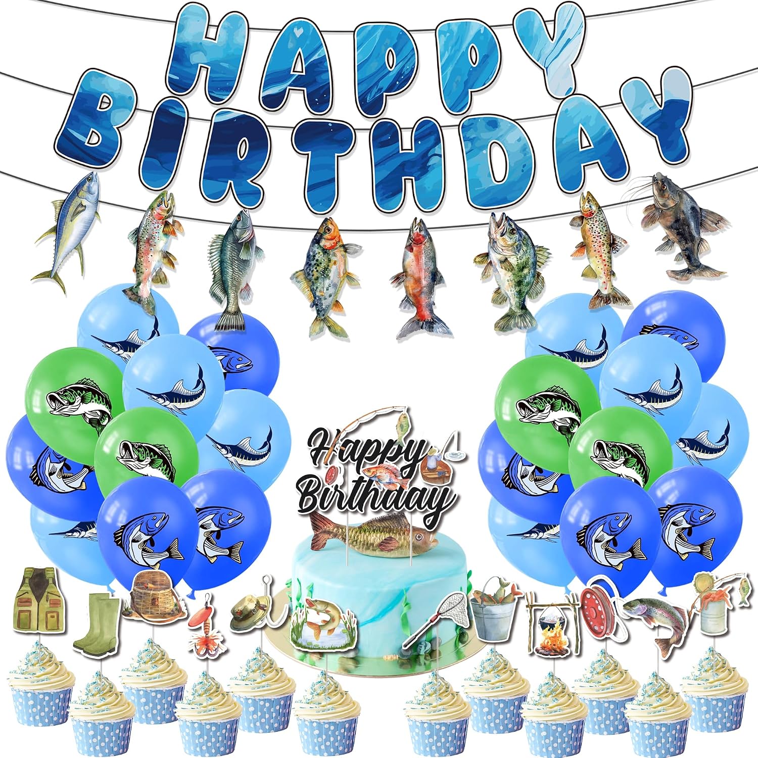 Fishing Birthday Party Decorations Include Fish Happy Birthday Banners Cake Cupcake Toppers Balloons Gone Fishing Theme Party Supplies