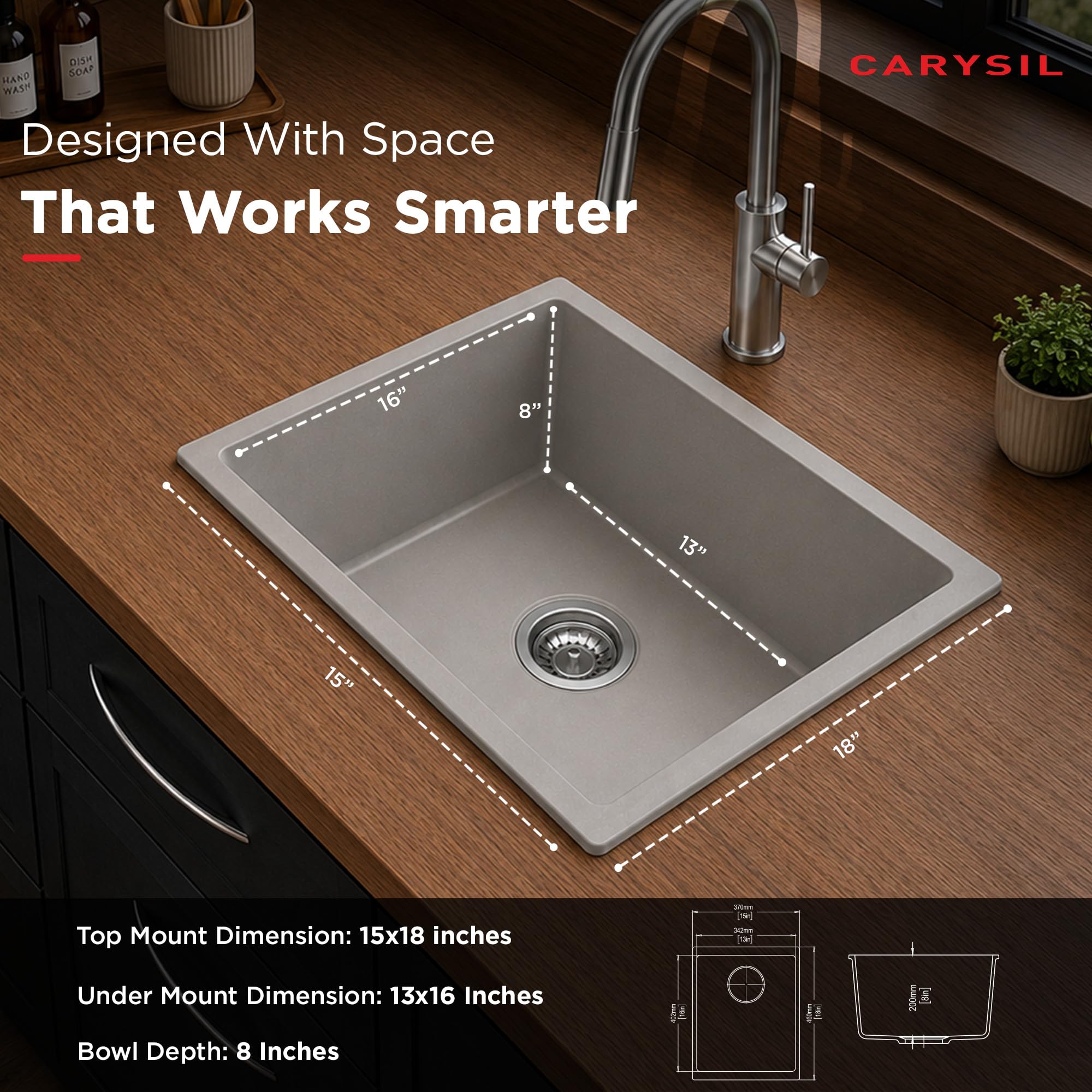 Carysil DOLCE UK Quartz Kitchen Sink 15 x 18 x 8 inches, Single Bowl, 80% Quartz & 20% Resin, Heat Resistant 300°C, 50kg Load, Scratch & Stain Resistant, Granite Sink, 304 SS Coupling - Whisper Grey 1