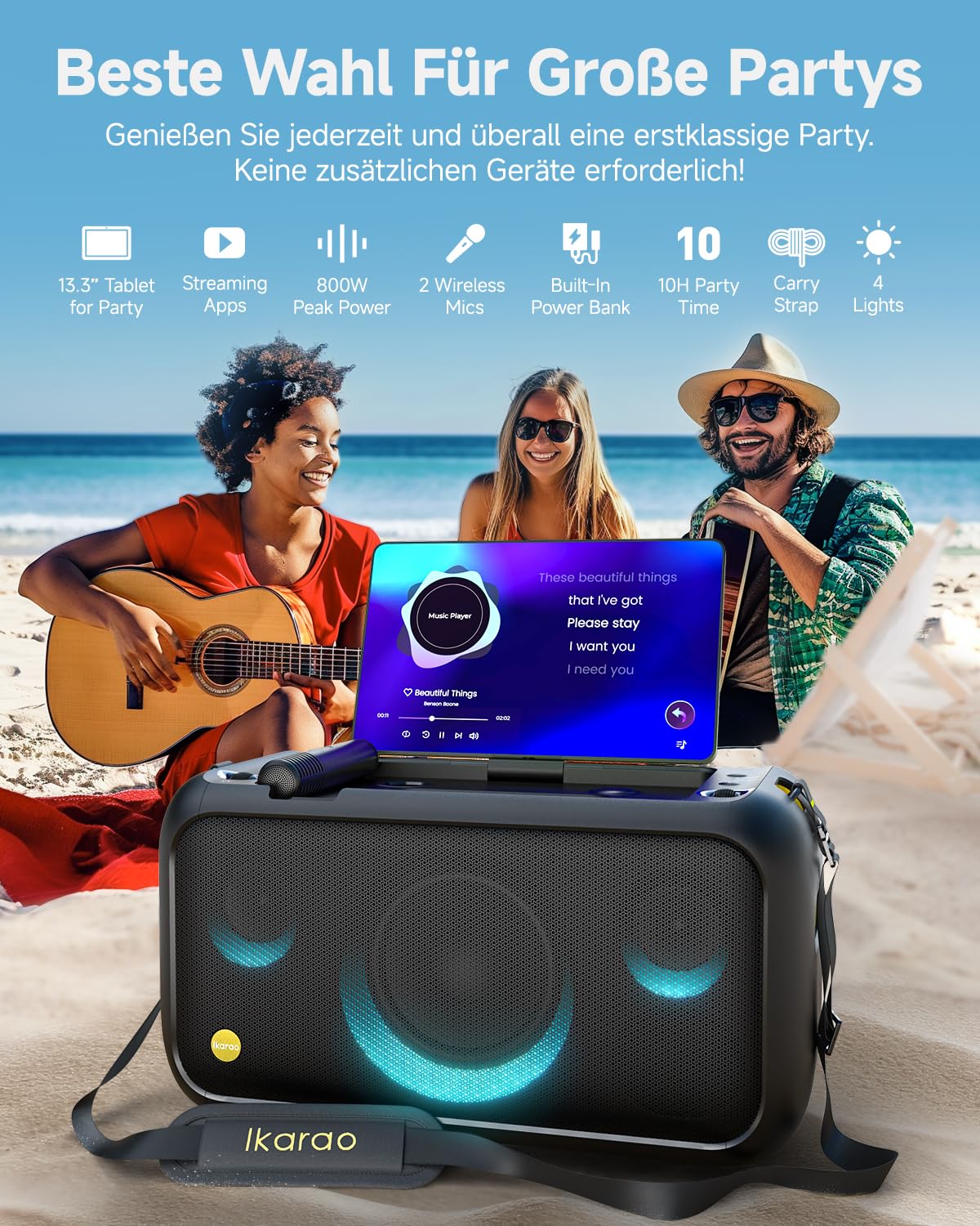 Karaoke-Maschine für Erwachsene mit Textanzeige, eingebautem 13,3"-Bildschirm, echte All-in-One-Karaoke-Maschine mit 2 kabellosen Mikrofonen, 800W Bluetooth-Lautsprecher für Party, TV.