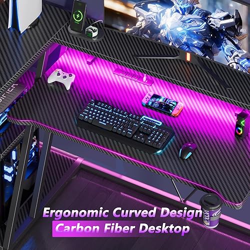 Miniatura 8 de Escritorio para juegos de 40 pulgadas con toma de corriente y luces LED, mesa de juegos para computadora en forma de L con estantes de