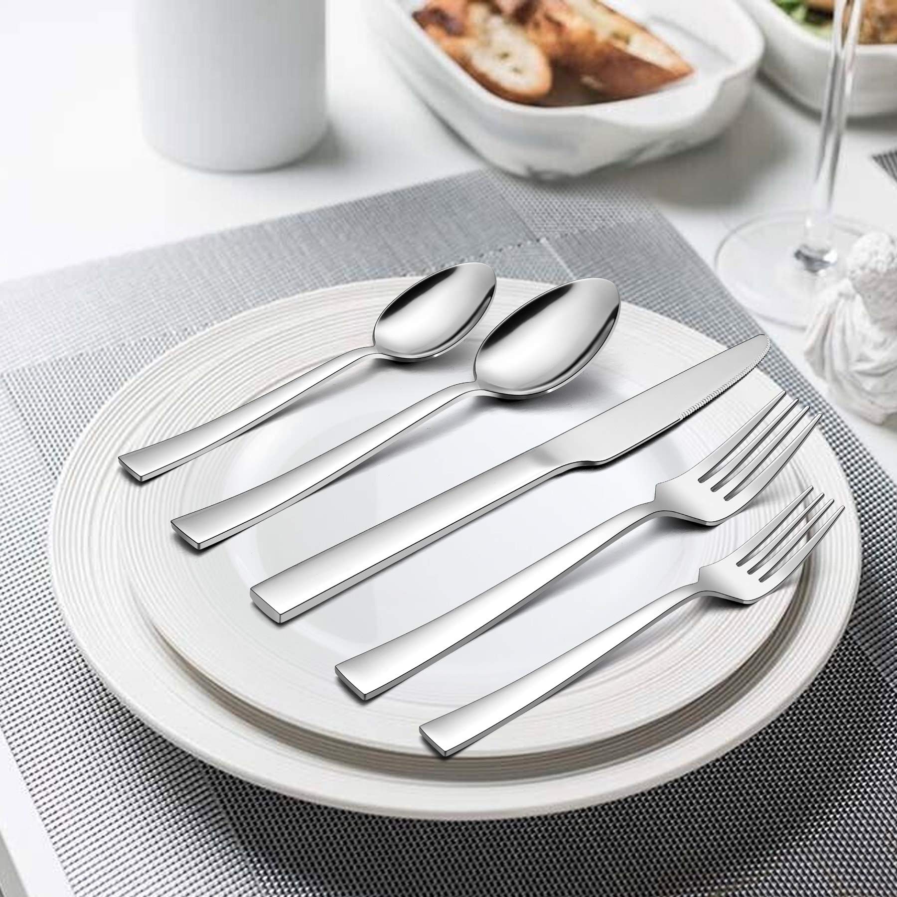 LIANYU Juego de 60 cubiertos de acero inoxidable con bandeja, cubiertos cuadrados para 12 platos, vajilla para restaurante en casa, apto para lavavajillas, pulido espejo