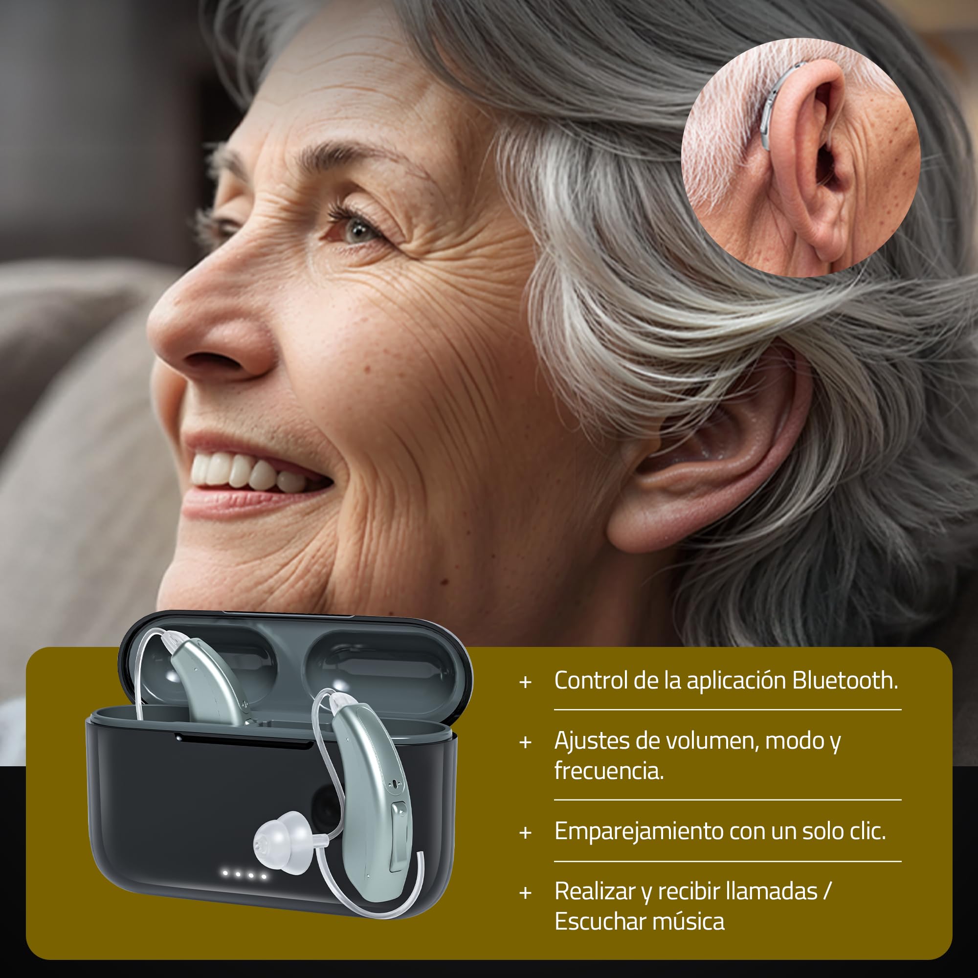 Amplificador Auditivo Recargable - Amplificador de Sonido para Mayores Inalámbrico con Bluetooth para Llamadas y Música y APP Móvil, 16 Canales de Nueva Generación, Invisible, Manual y APP en Español