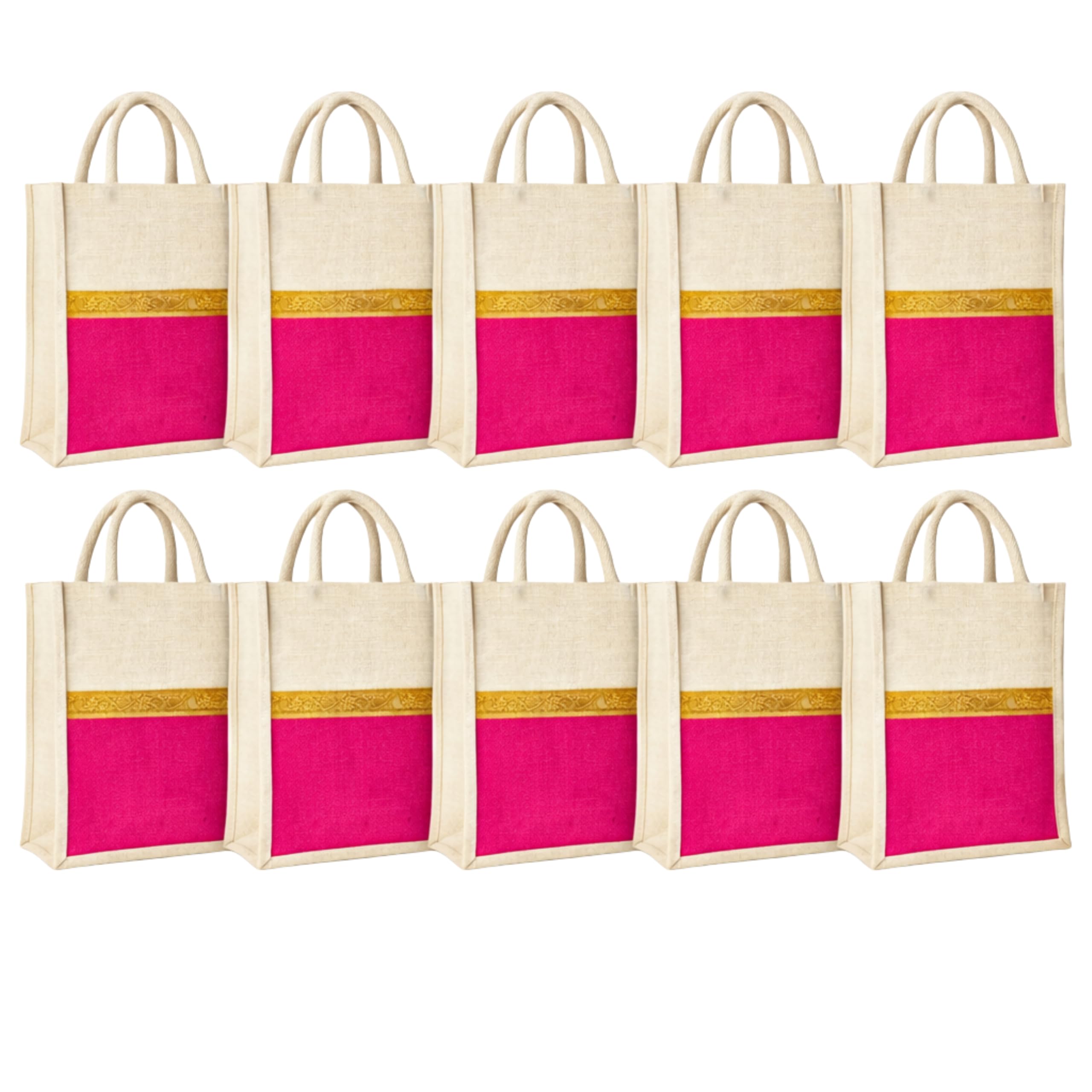 cantainoo Jute Bags for Return Gifts | Return Gift Bags | Eco-Friendly Reusable Jute Bags for Gifting, Shopping & Daily Use (10, Pink Base - Velcro Closure)