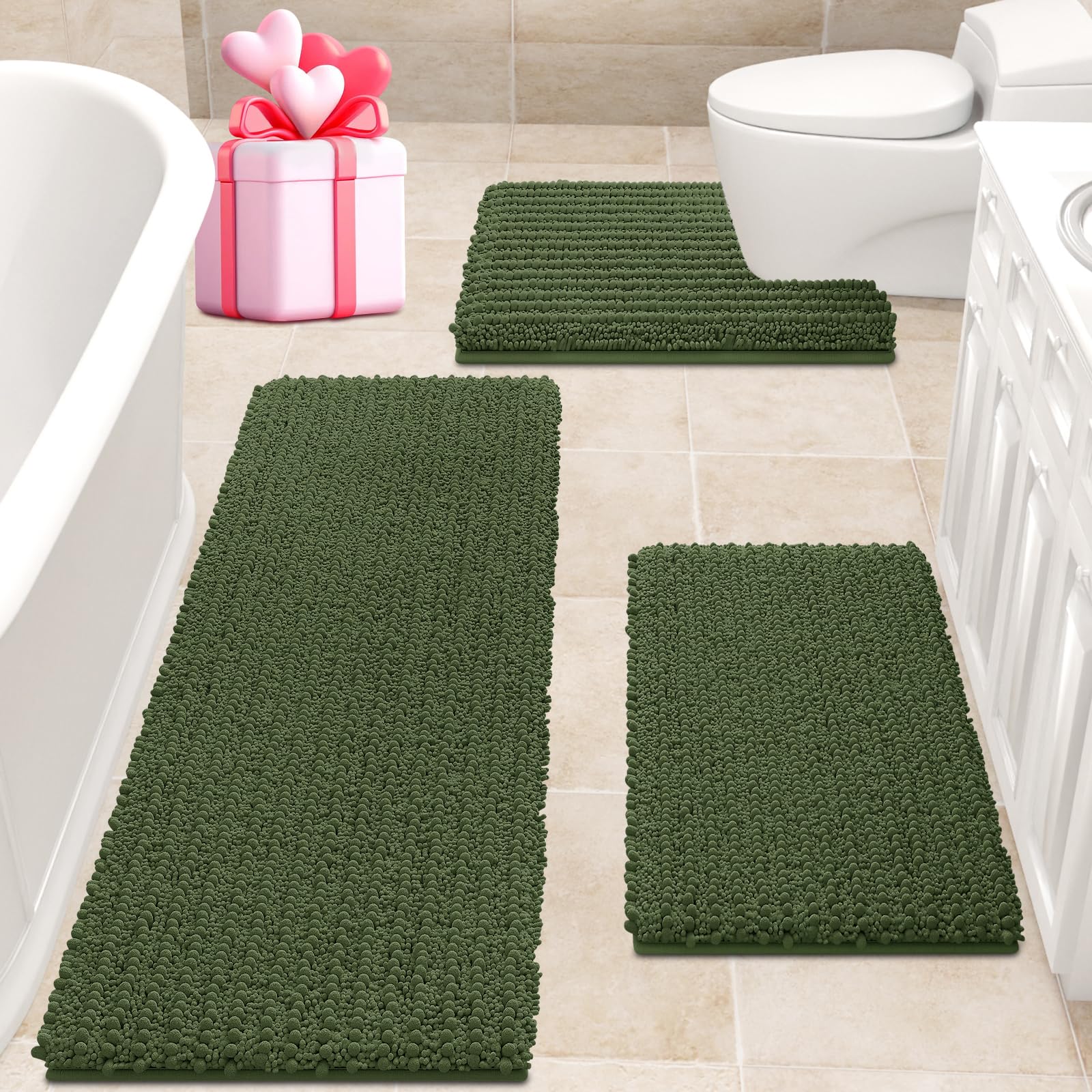 Upgrade Extra Large Oliver Green Bathroom Rug Set 3 Pieces Ultra Soft, Thick Absorbent Bath Mats, Non Slip Chenille Toilet Mat for Bathroom, Bedroom, Kitchen