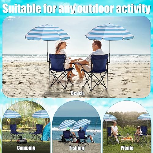 Miniatura 7 de 2 juegos de sillas de playa con paraguas, silla plegable para camping, paraguas plegable con abrazadera universal, grande portátil para exteriores,