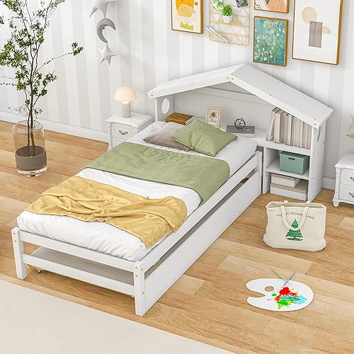 OPTOUGH Cama de plataforma de almacenamiento de tamaño individual para niños con mesita de noche en forma de casa, nido, marco de cama de plataforma