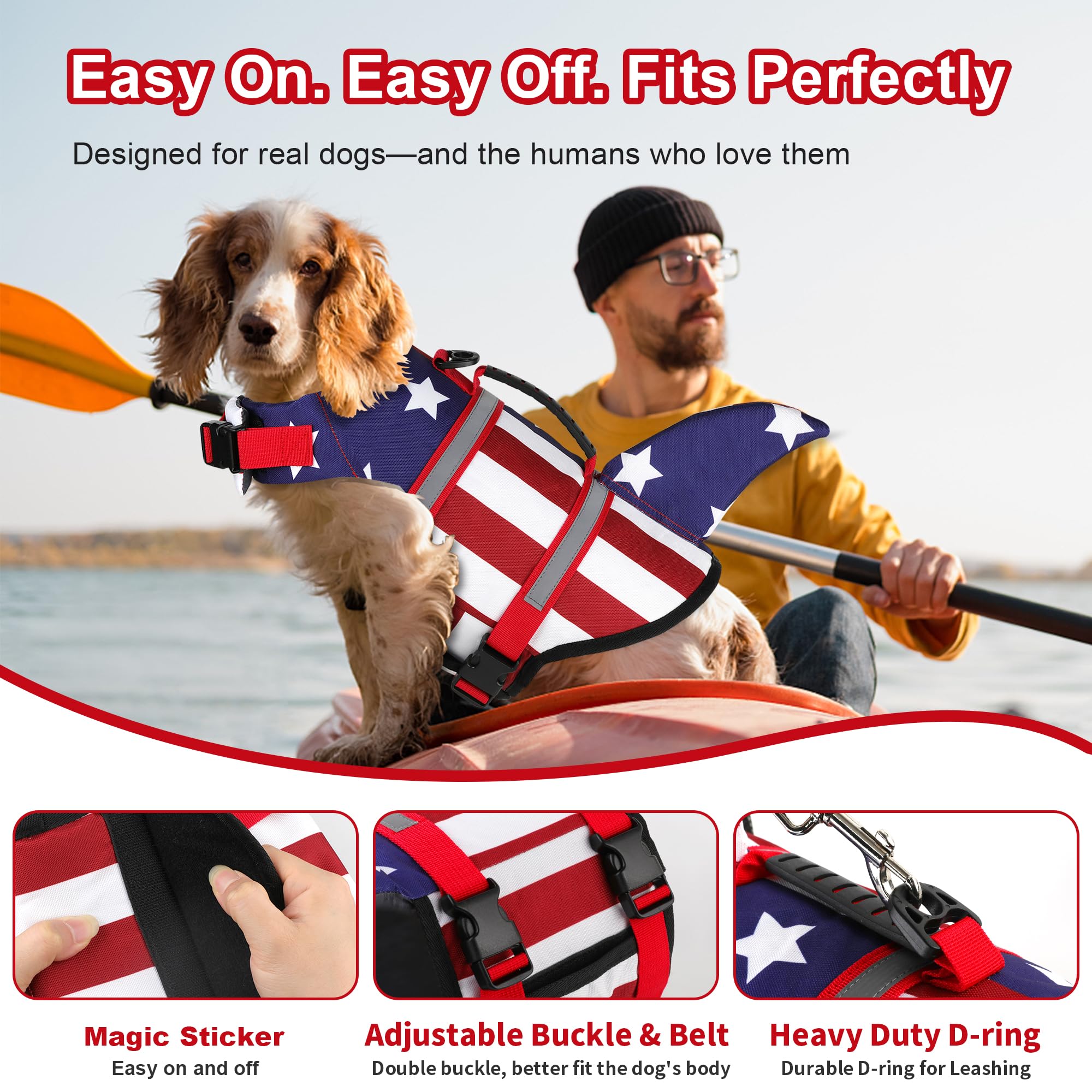 Dogcheer Gilet de sauvetage pour chien, motif requin, drapeau américain, gilet de sauvetage pour chien, flottabilité élevée et poignée de sauvetage, gilet de flottaison réglable pour chiens de petite,
