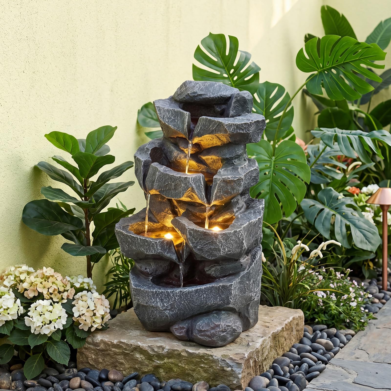 COSTWAY Fontana da Giardino a 5 Livelli, Fontana Cascata da Esterno con Luci e Flusso d'Acqua Regolabile, Fontanella Elettrica a Forma di Roccia con Effetto di Pietra da Terrazza e Balcone