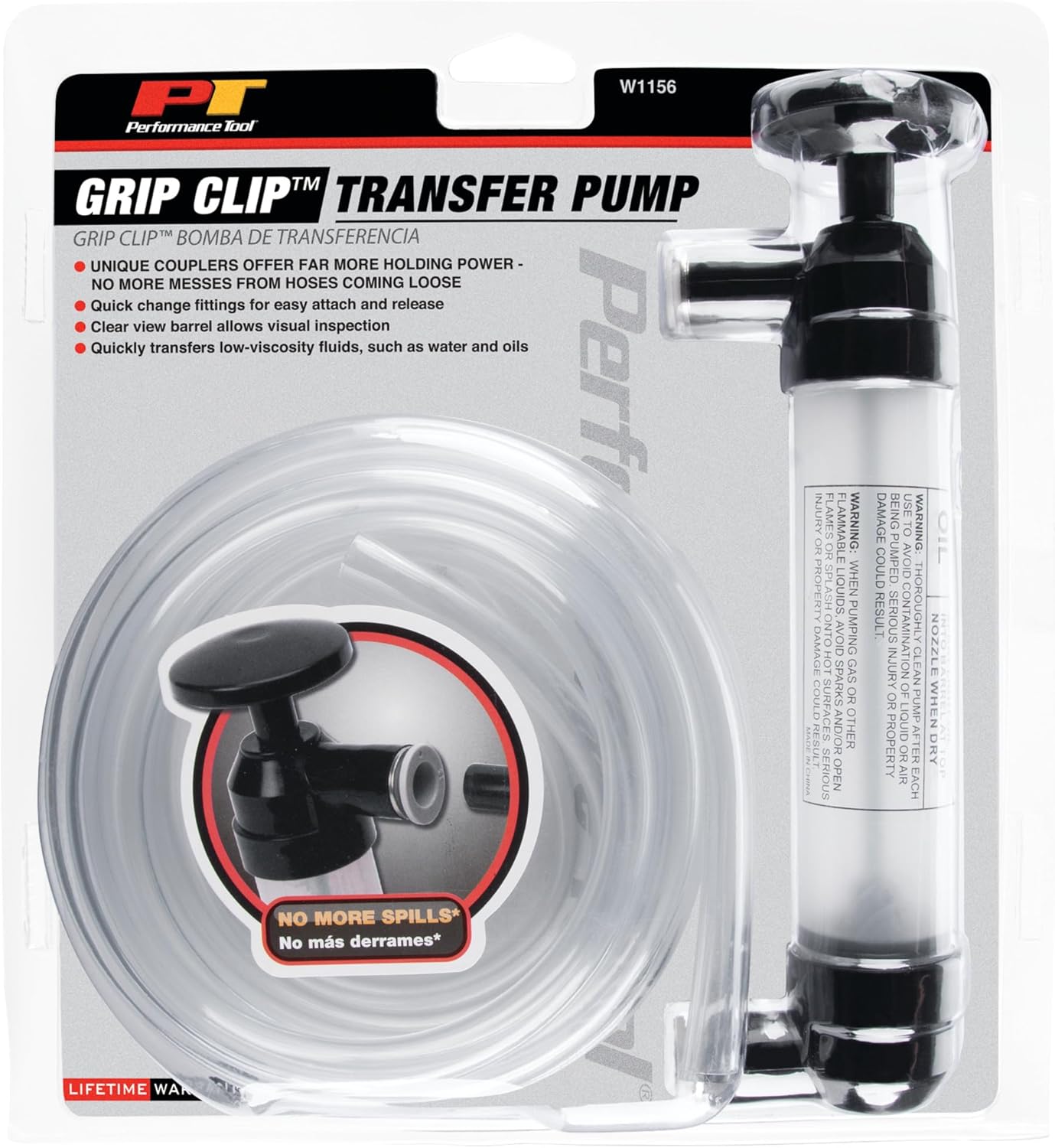 Performance Tool W1156 Grip Clip Transfer Pump/ Siphon Fluid Transfer Pump Kit for Water, Oil, Liquid, and Air, Black/Clear, 48-inch Hoses