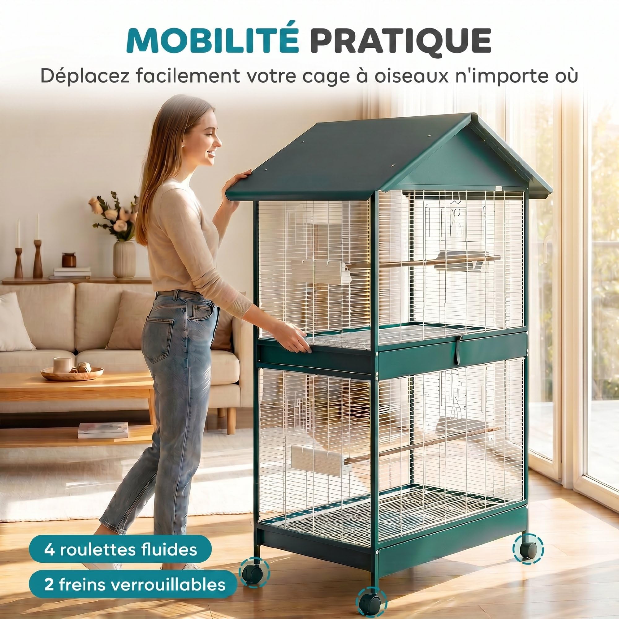 PawHut Grande Cage à Oiseaux Roulante, Volière Oiseaux Intérieur/Extérieur, Séparateur Amovible, 4 Mangeoires, 2 Perchoirs, 2 Plateaux, 94x70x158 cm