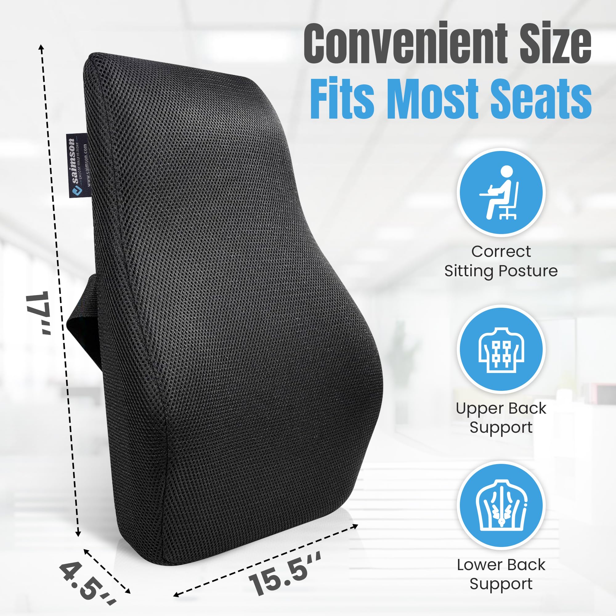 saimson Chair Back Support - 2 Yrs Warranty l Memory Foam Lumbar Support Cushion for Office Chair & Car Seat | Chair Back Rest for Better Posture & Lower Back Pain Relief | Ventilated Black Mesh 4