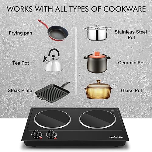Miniatura 3 de CUSIMAX Doble quemador, placa eléctrica de 1800 W, placa de cocina infrarroja de cerámica con control doble, quemador portátil de encimera, placa de