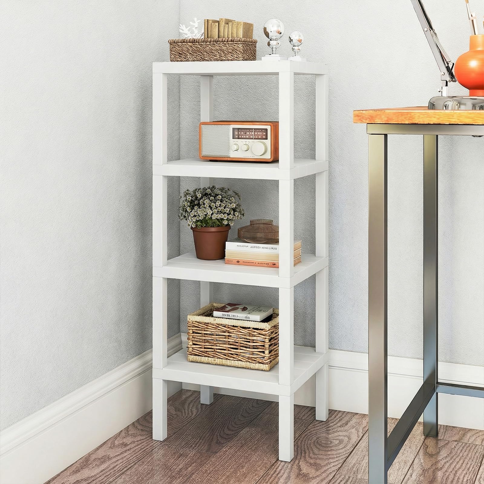 COSTWAY Scaffale di Stoccaggio a 4 Ripiani, Mobiletto Scaffale in Plastica Autoportante, Unità Organizzatrice Stretta per Bagno Cucina Soggiorno, 38x32,5x99 cm (Bianco)