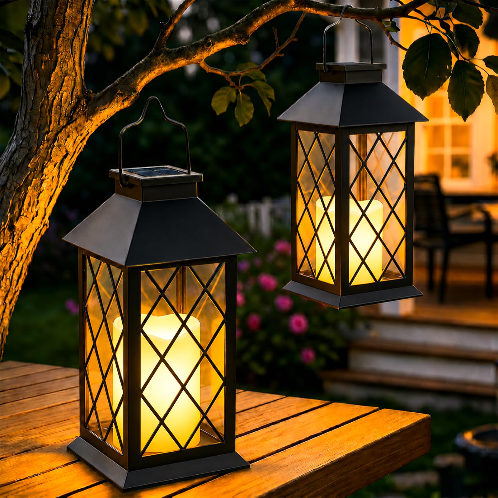 Yowin Lanterne da Esterno 2 Pezzi 22cm Grande Lanterna Solare da Giardino con Candele Tremolante, Vetro Temperato, Lampada Solari da Appendere Impermeabile Lampade da Tavolo per Balconi - Nero