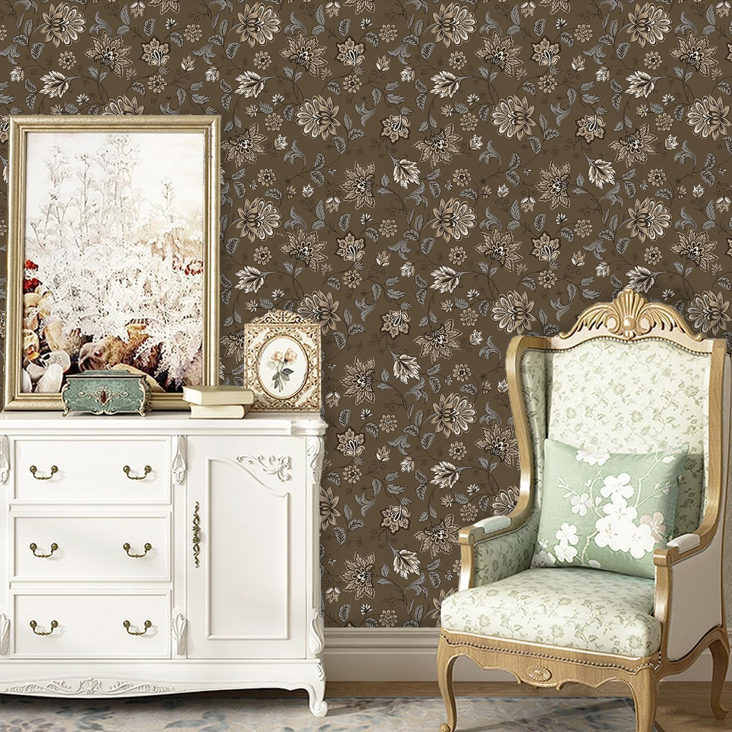 Vintage Peel and Stick Floral Wallpaper Brownish Removable Contact Paper for Cabinet and Drawer 17.7in×118in Flower and Leaf Vinyl Self-Adhesive Wall Paper for Bathroom, Bedroom and Kitchen Decor