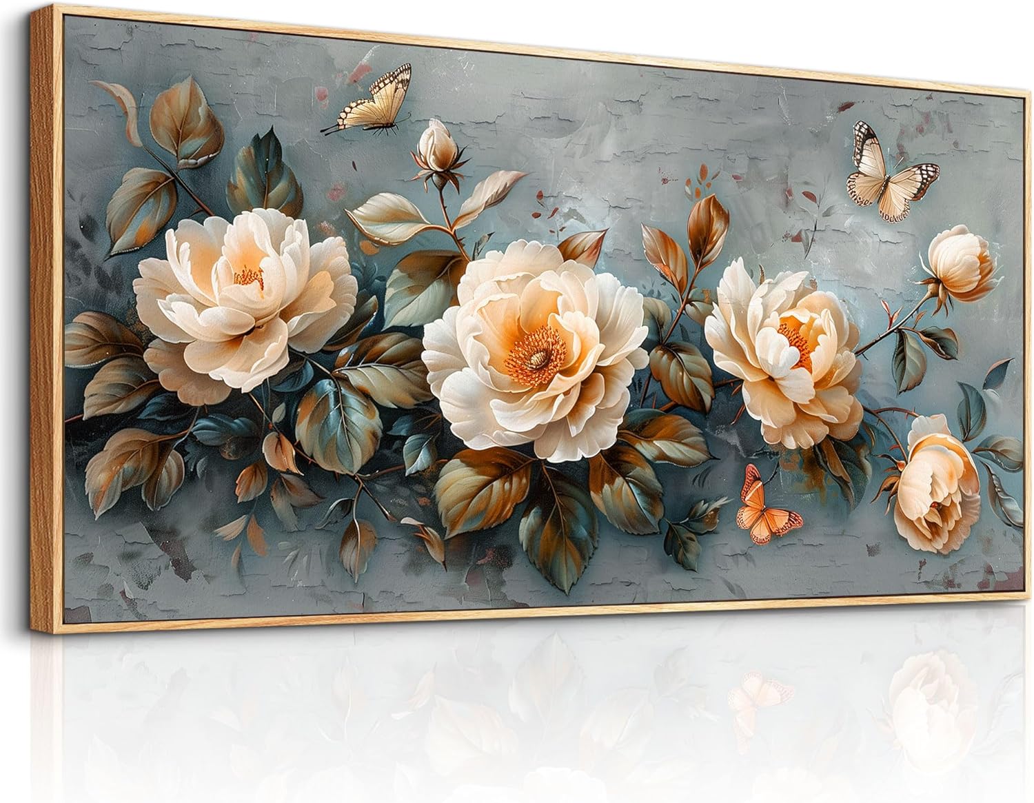 PHAOHUAXM Wall Art For Living Room Canvas Wall Decor For Bedroom White Ink-Wash Flower Wooden Frame Paintings Office Restaurant Room Decorations Printing Artwork Ready To Hang Home Decor 20" X40