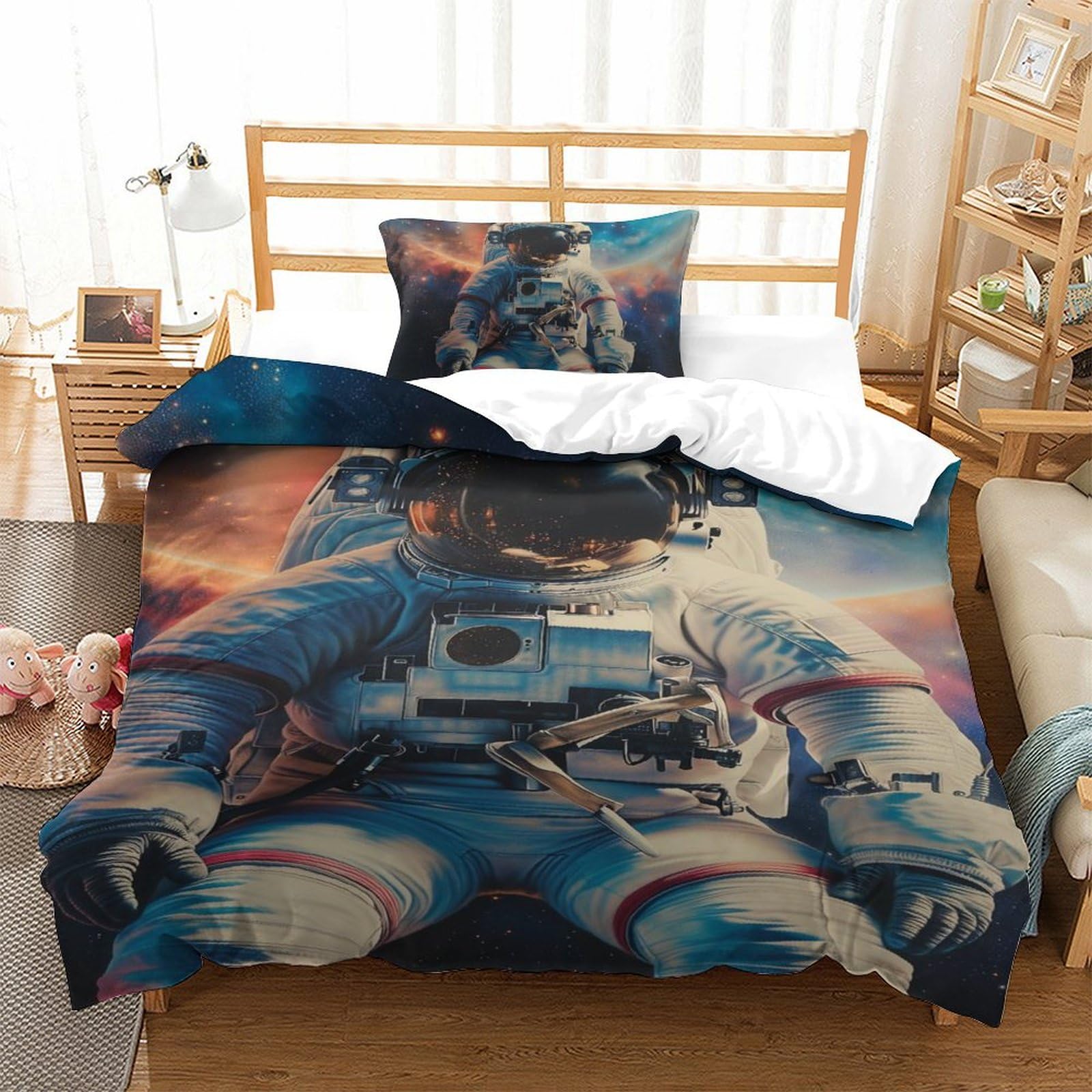 Housse de couette astronaute 3D pour lit simple 135x200 avec 2 taies d'oreiller en microfibre