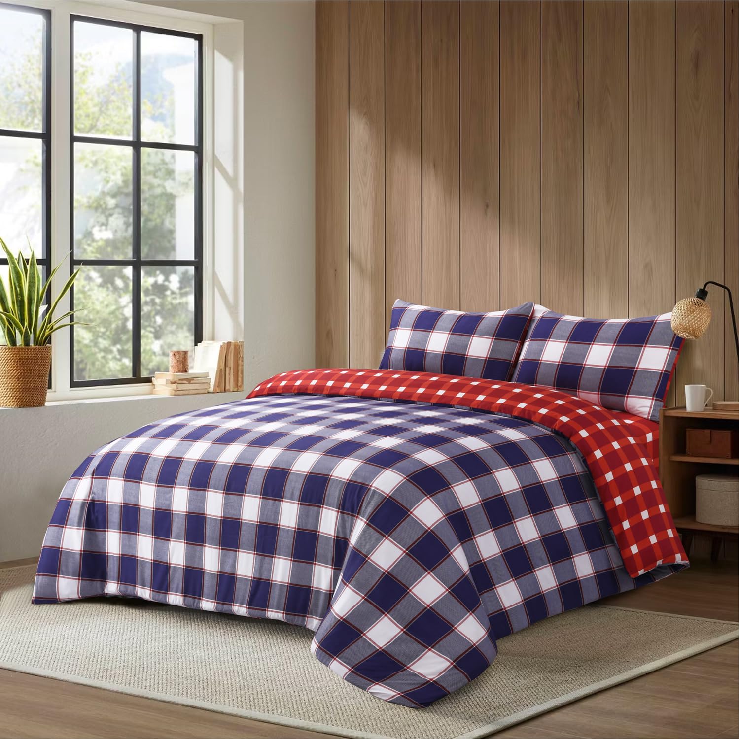 CHARKHAH 4 Piece Reversible Duvet Cover Set, Soft Brushed Microfibre Bedding with Fitted Sheet & 2 Pillowcases, Breathable Anti-Allergy Easy Care – Single, Double, King & Super King