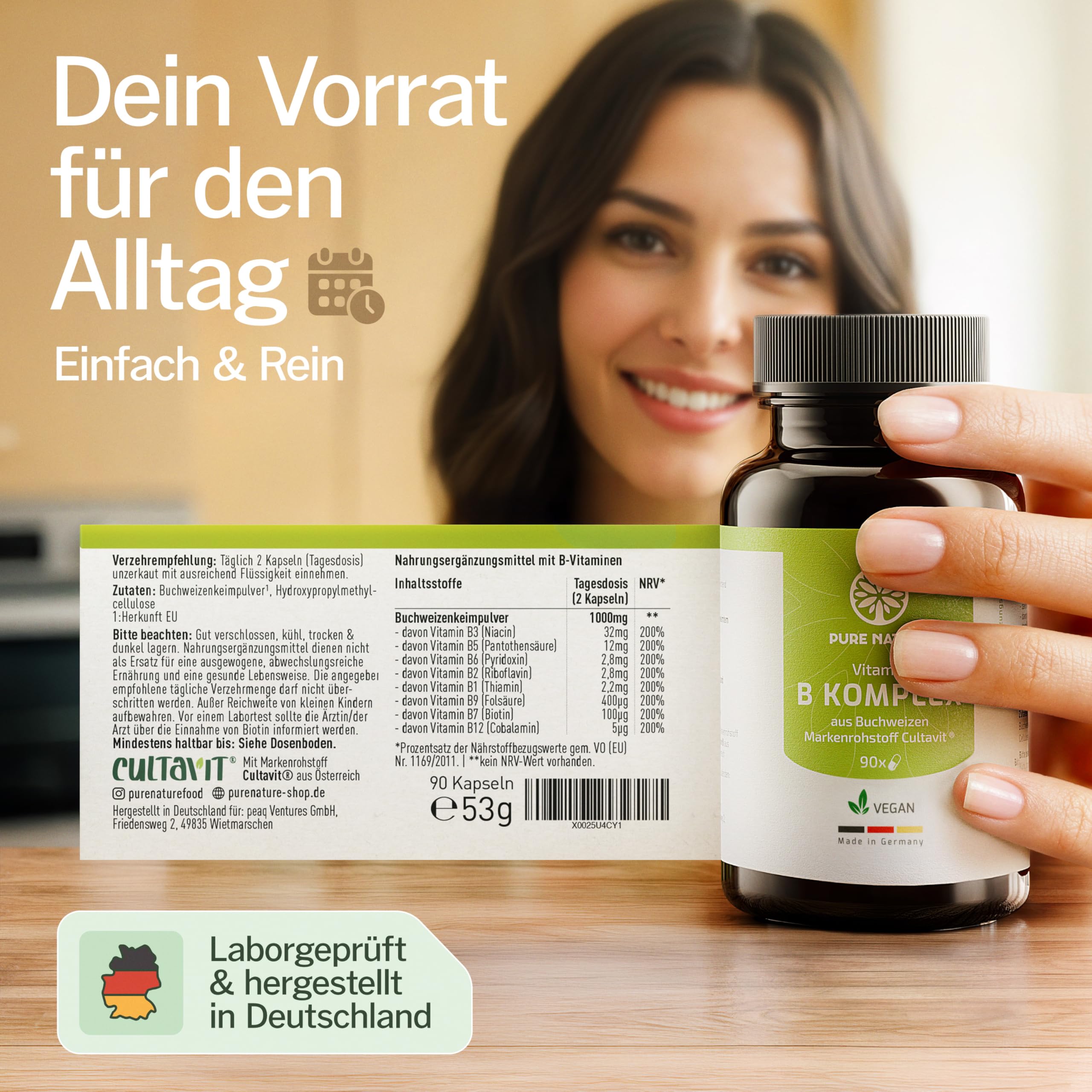 Vitamin B Komplex hochdosiert rein aus Buchweizen I 1000 mg Tagesdosis 8in1 B Vitamine I 2 x 90 Kapseln I Höchste Bioverfügbarkeit I Alle B-Vitamine I Mit B12 Vitamin OHNE Zusätze
