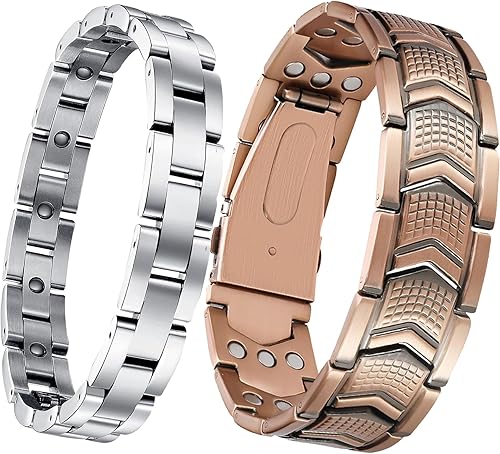 Feraco Pulsera de cobre para hombre 3 veces más fuerza, 2 pulseras de terapia magnética de cobre con potentes imanes de 3800 Gauss, cierre plegable