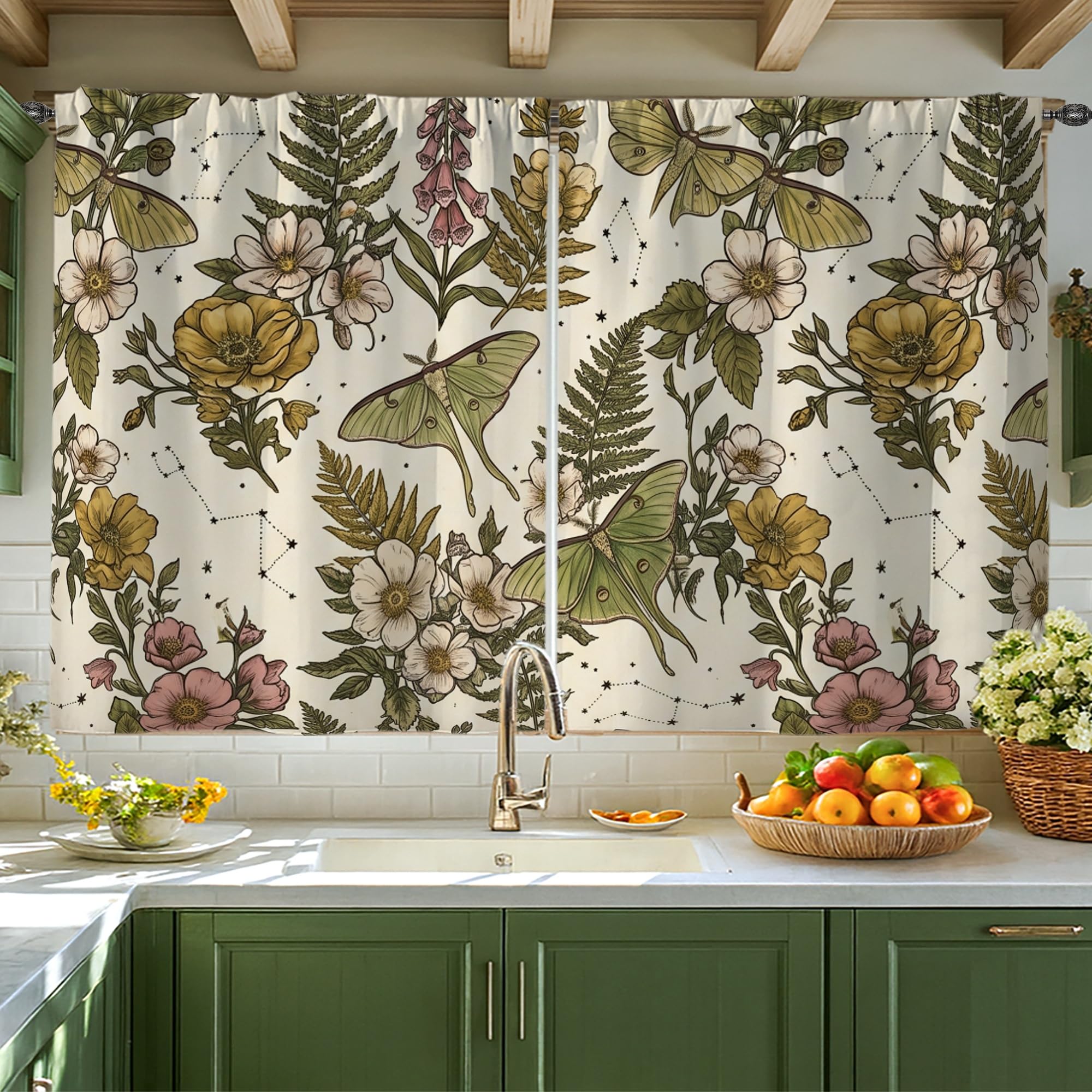 Rideaux de cuisine occultants partiels style cottage vert nature pour rompre le vis-à-vis