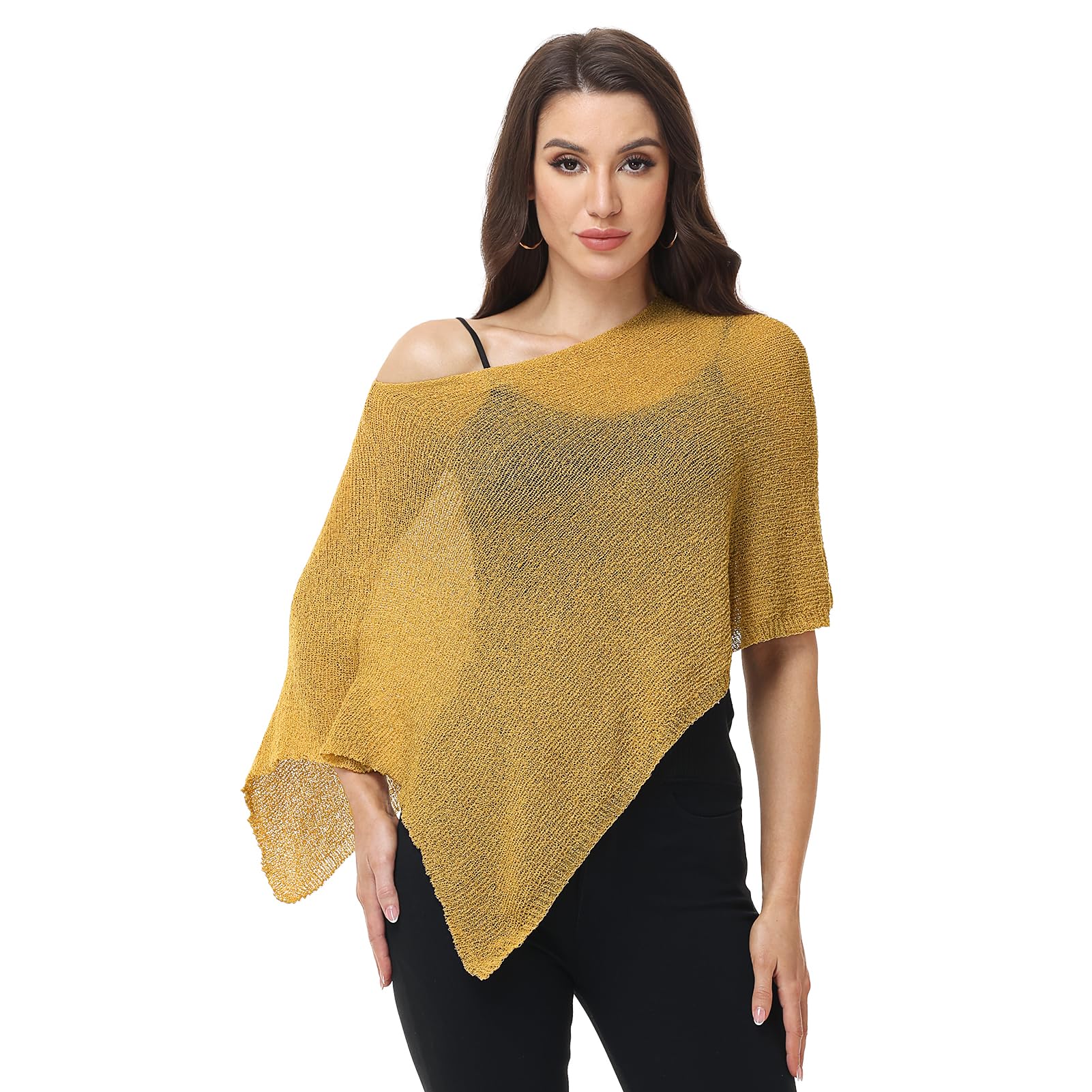 Ladiery Sheer Poncho Top Swimsuit Cover Up - Asymmetrical Shrug for Evening Dresses, Formal Beach & Resort Cape (Yellow)