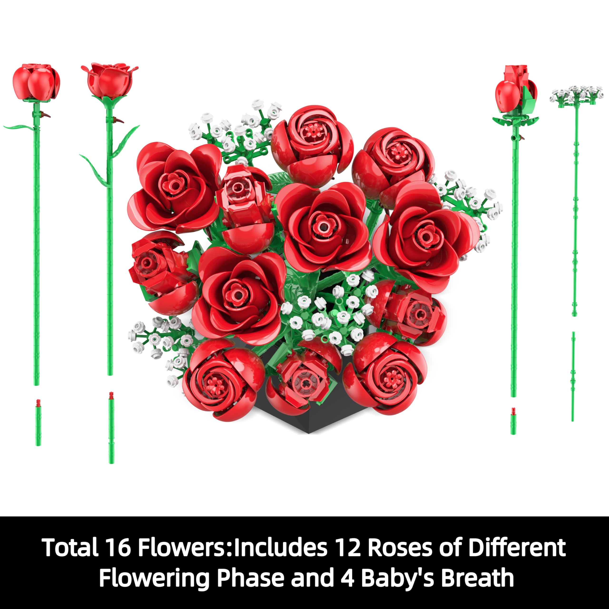 Red Rose Bouquet Building Set, 960PCS Roses Flowers Artificial Flowers Botanical Collection Blocks Kit for Adults Women Gift for Valentines & Mother's Day Home Decor Flower Decorations