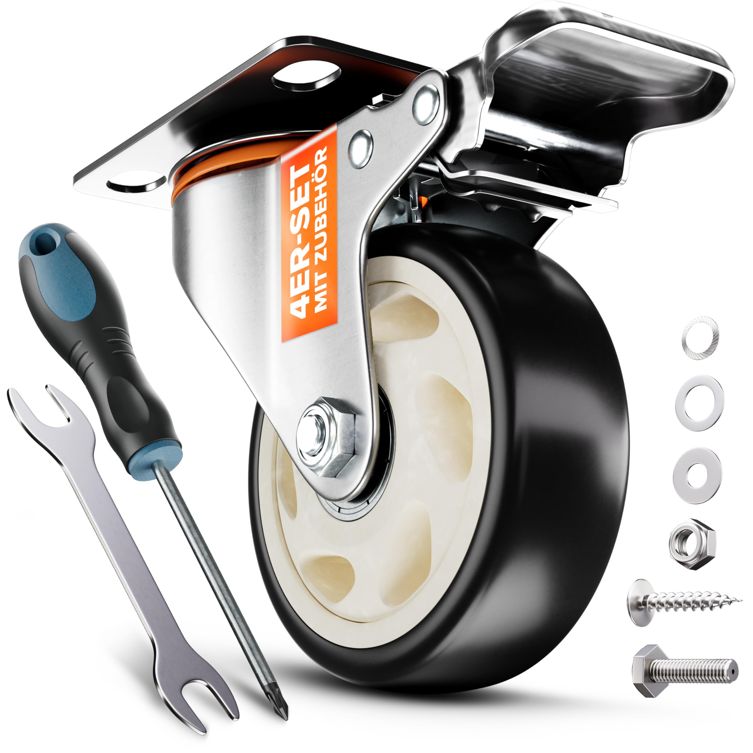 PEARWAY™ Schwerlastrollen 100mm - bis 600kg mit 4x Bremse - extra leise & langlebig - Möbelrollen mit Bremse - Rollen für Möbel & Schwerlast - Lenkrollen für Möbel & Outdoor - Laufrollen - Bockrollen