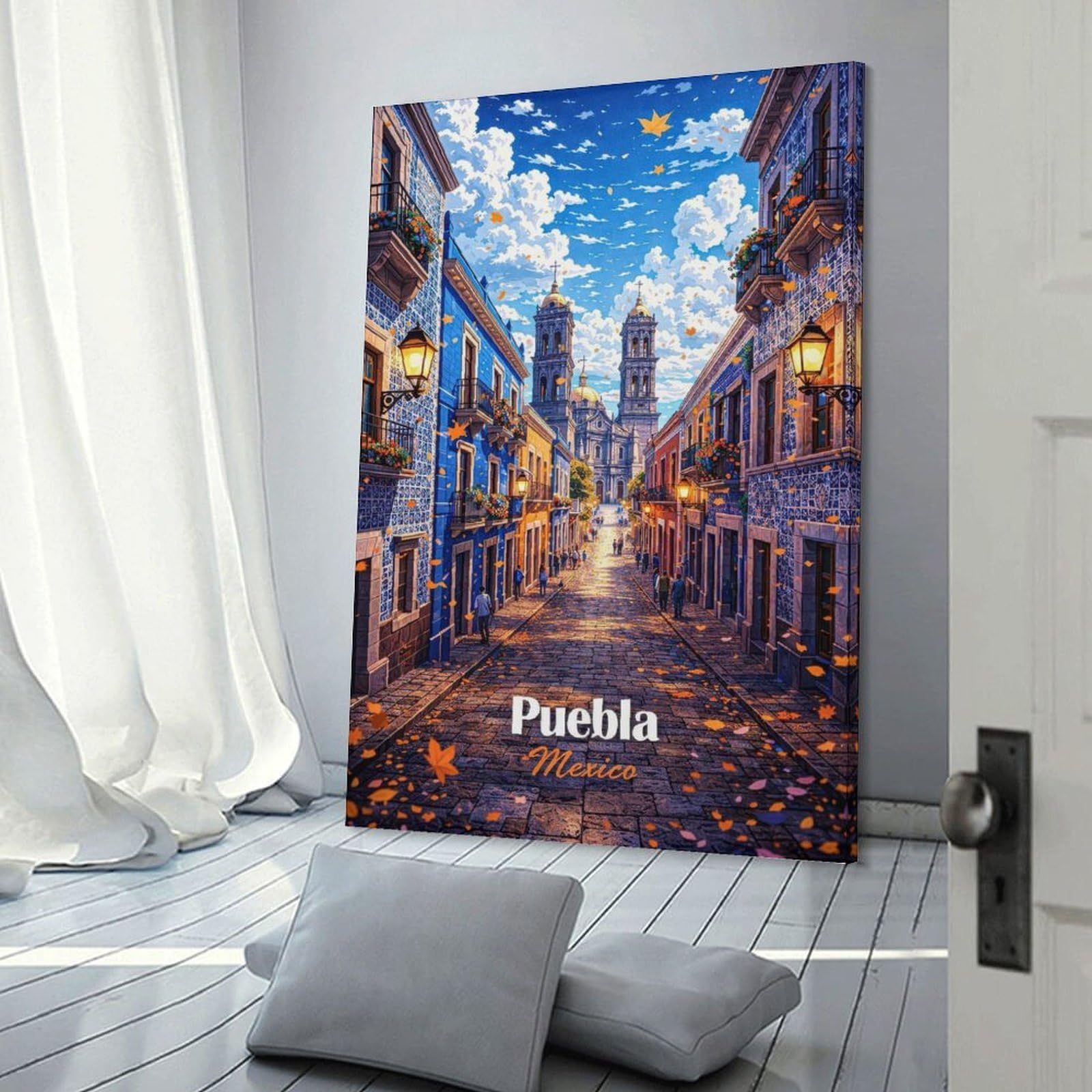 Junmoney Puebla Mexico Street Scene Decorative Canvas Print 20x30inch(50x75cm), for Hallway, Bedroom Or Modern Interiors, Home Decor Gift with Stylish Appeal