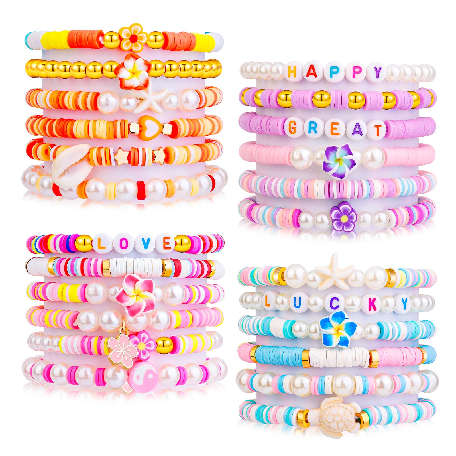 6PCS Clay Bead Bracelets for Women Preppy Cute Bracelets Jewelry Set Colorful Evil Eye Polymer Pearl Beaded Stretch Bracelets Jewelry for Women…