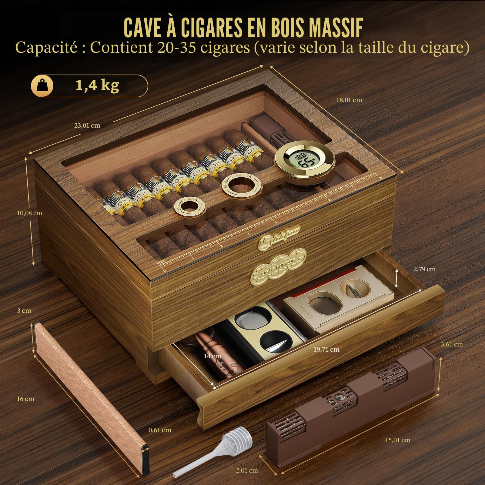 LIHTUN Cave à cigare, étui à cigares de bureau avec hygromètre numérique, humidificateur, tiroir d'accessoires de cigare, tiroir et échelle de mesure, boîte à cigares pour homme (Ch-2)