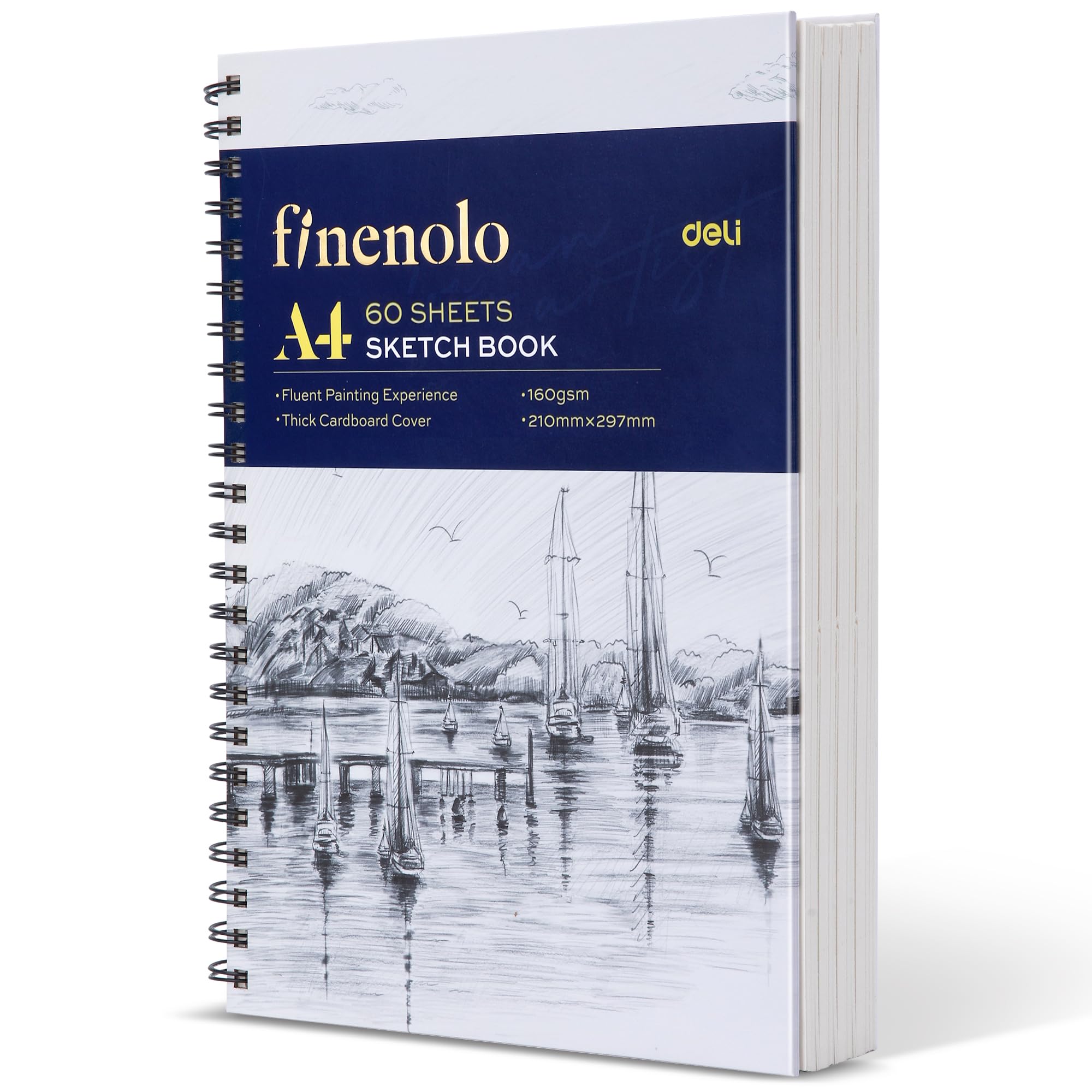 finenolo A4 Sketchbook, Hardcover Spiral Sketch Pad with 160GSM Paper, Drawing Pad for Artists & Art Students, Watercolour Sketchbook for Sketching, 60 Sheets / 120 Pages (Landscape)