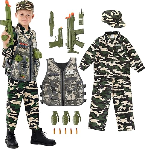 Udekit Trajes de soldado de uniforme del ejército con uniforme, chaleco tático, rifles, pistolas, granadas, sable, bala, interfono