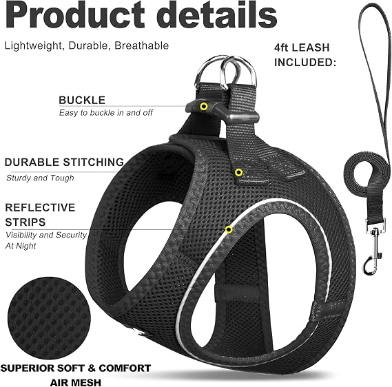 Fida Cat Harness and Leash Set for Walking Kitten and Puppy, Escape Proof Kitten Harness with Breathable Lightweight Soft Mesh, Adjustable Reflective Step-in Design for Kitten and Puppy.(S, Black)