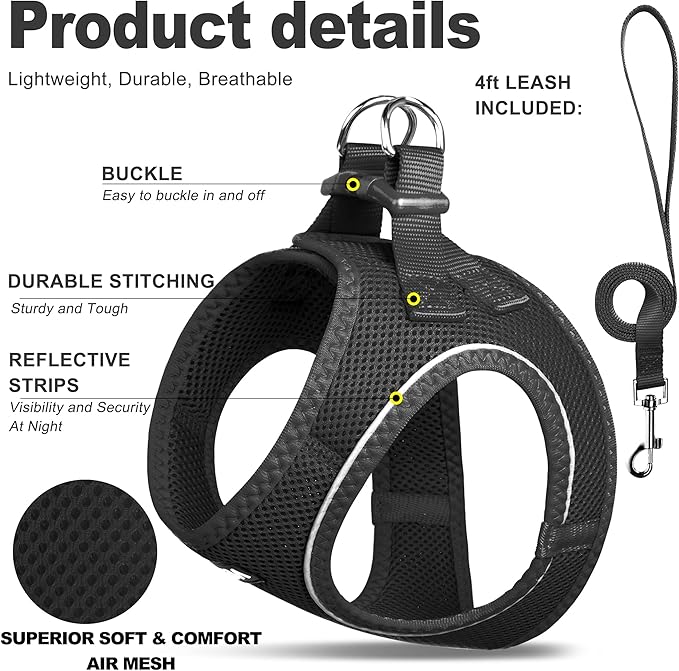 Fida Comfy Dog Harness with Leash, Soft Puppy Vest Escape Proof, Breathable Lightweight Soft Mesh, Adjustable Reflective Step-in Harness for Small & Medium Pet Walking (L, Black)