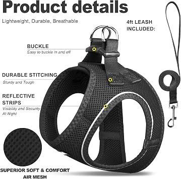 Fida Cat Harness and Leash Set for Walking Kitten and Puppy, Escape Proof Kitten Harness with Breathable Lightweight Soft Mesh, Adjustable Reflective Step-in Design for Kitten and Puppy.(S, Black)
