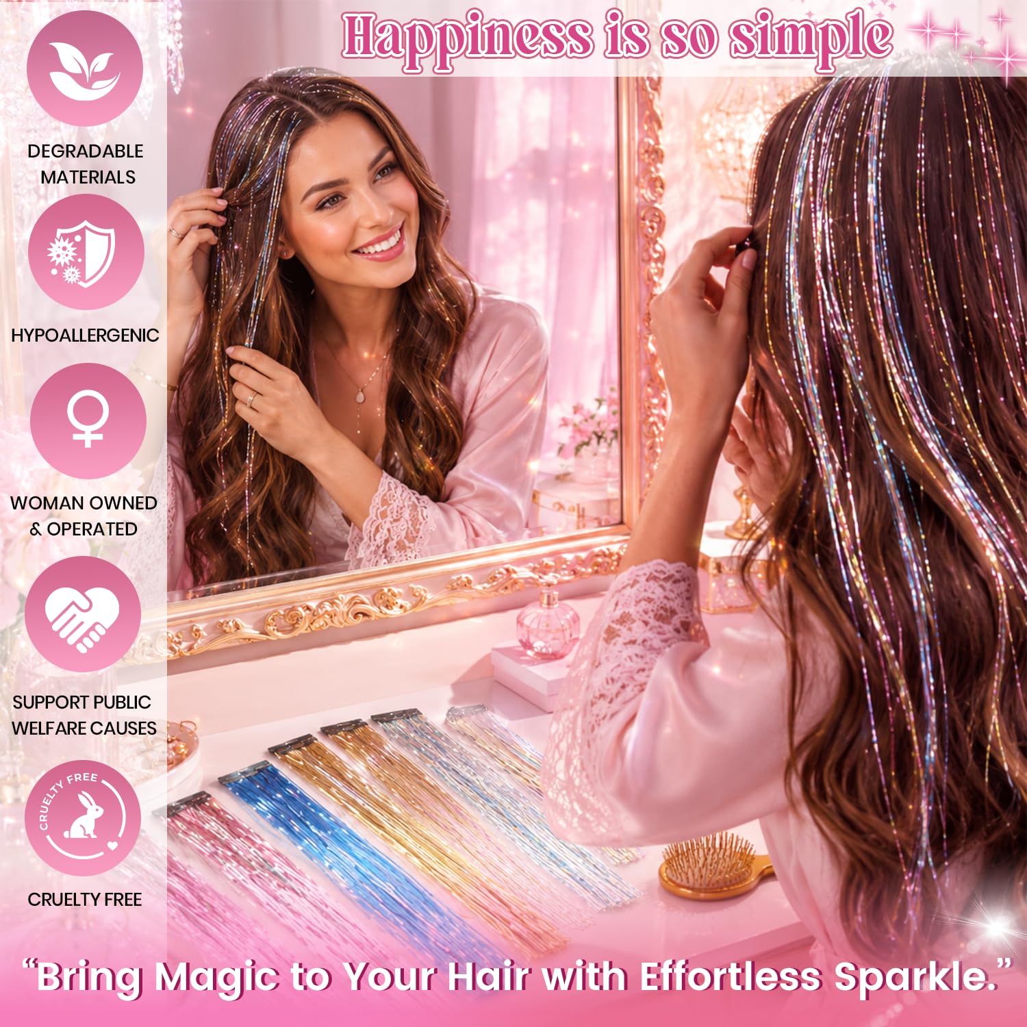 LORIEN Clip in Hair Tinsel, 14 Pcs Colorful Glitter Hair Accessories for Women Girls, 22 Inch Glitter Extensions for Party Birthday, Gifts for Teenage Girls (Dreamy Colorful)