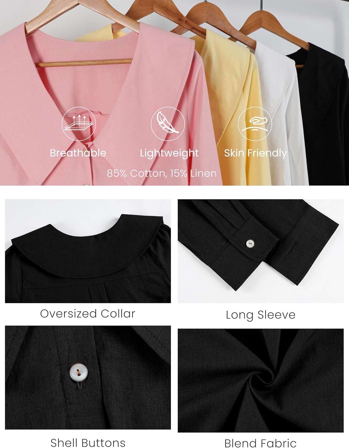 Daacee Women’s Big Collar Cotton Linen Blouses Dressy Casual Long Sleeve V Neck Button Down Shirts Ladies Tops - Image 6