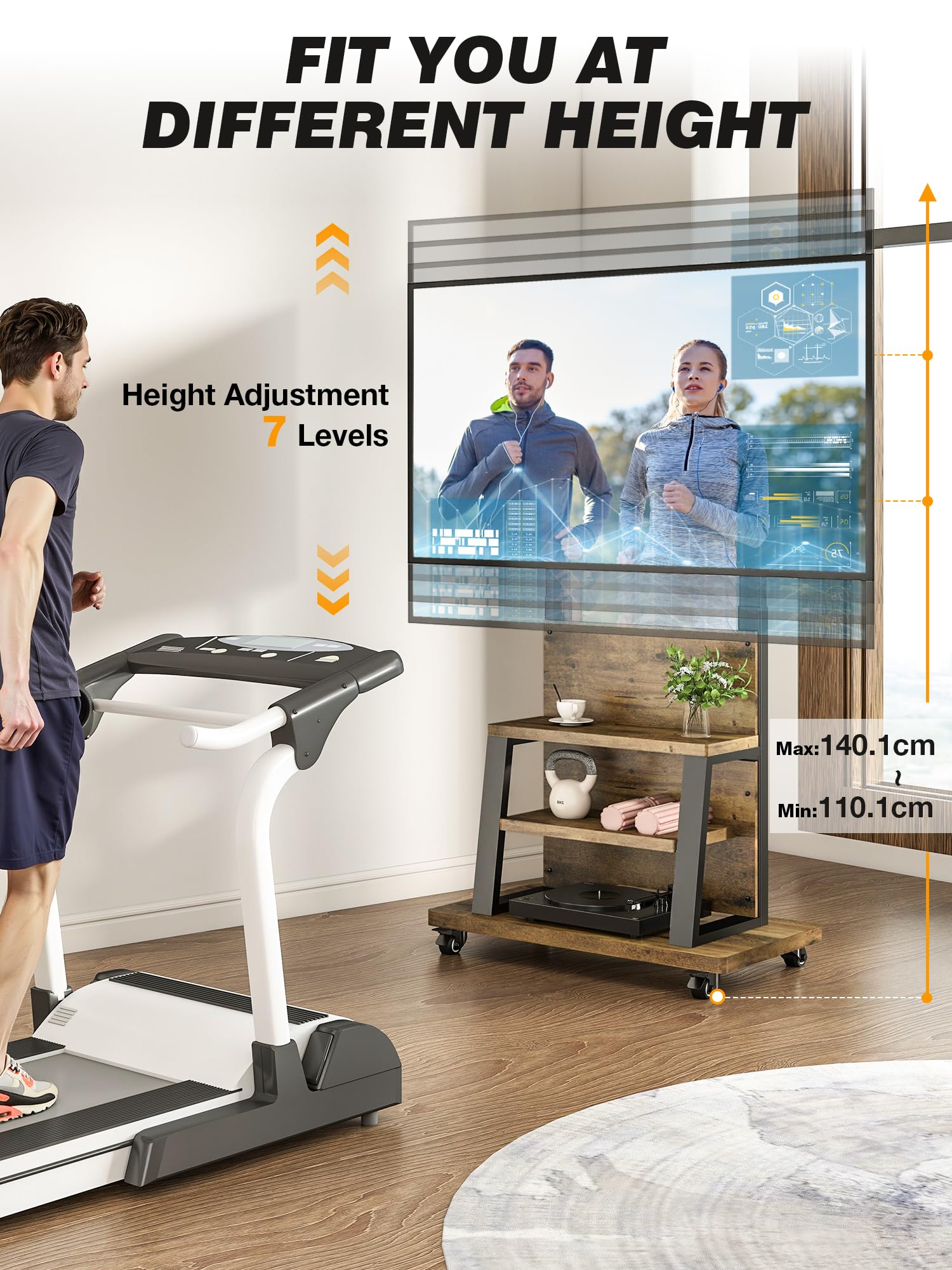Soporte de TV Móvil con Ruedas para TVs de 37 a 75 Pulgadas, Carrito de TV Portátil con 3 Niveles de Almacenamiento, Ajuste de Altura Soporte TV Ruedas Capacidad para hasta 68 KG, VESA MÁX 600x400mm