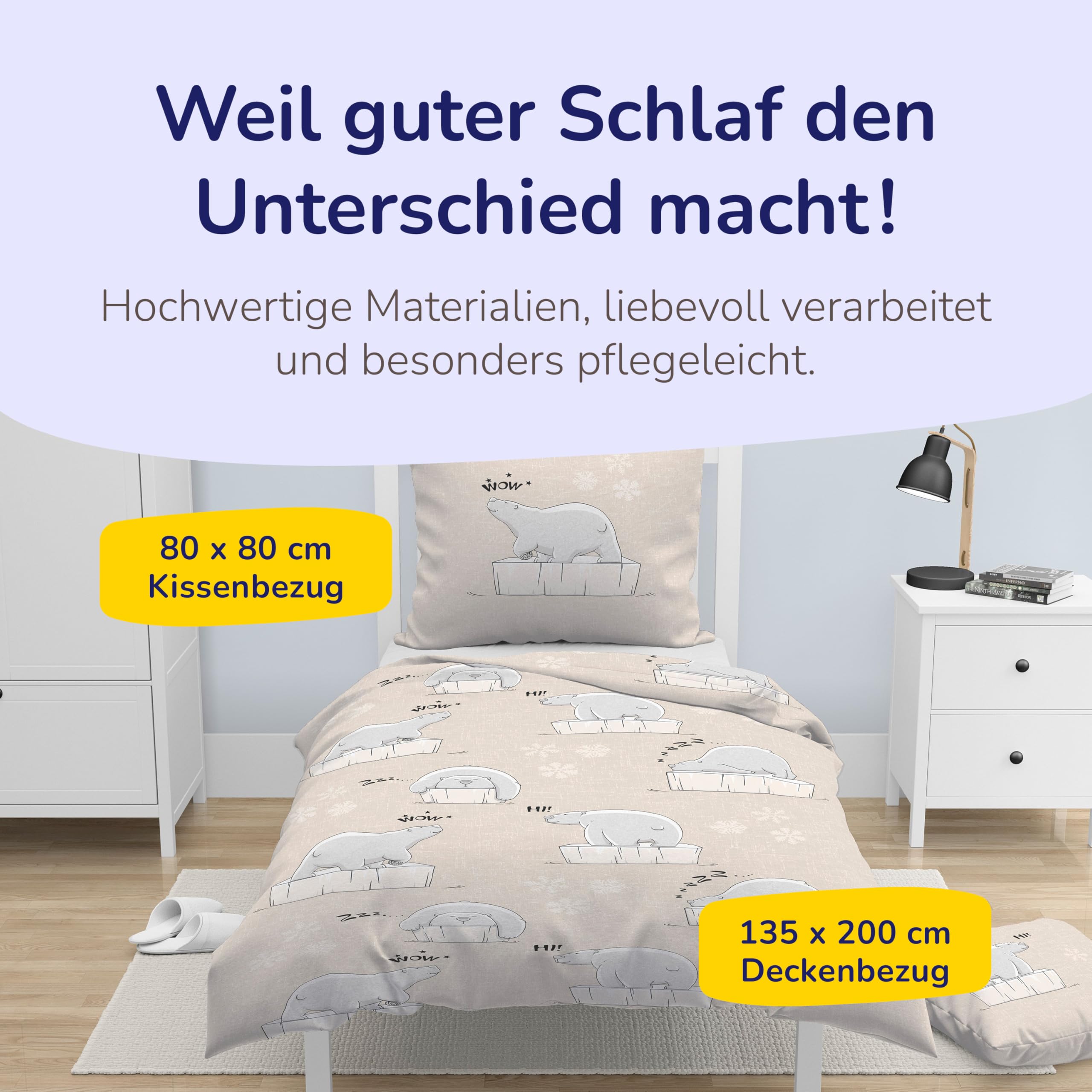 Träumschön Biber Bettwäsche Set 2tlg 135x200 cm + 80x80 cm – Flauschige Kinderbettwäsche Beige – Weiche Winterbettwäsche mit Eisbären - Atmungsaktiv, Warm & Hautfreundlich - 100% Baumwolle