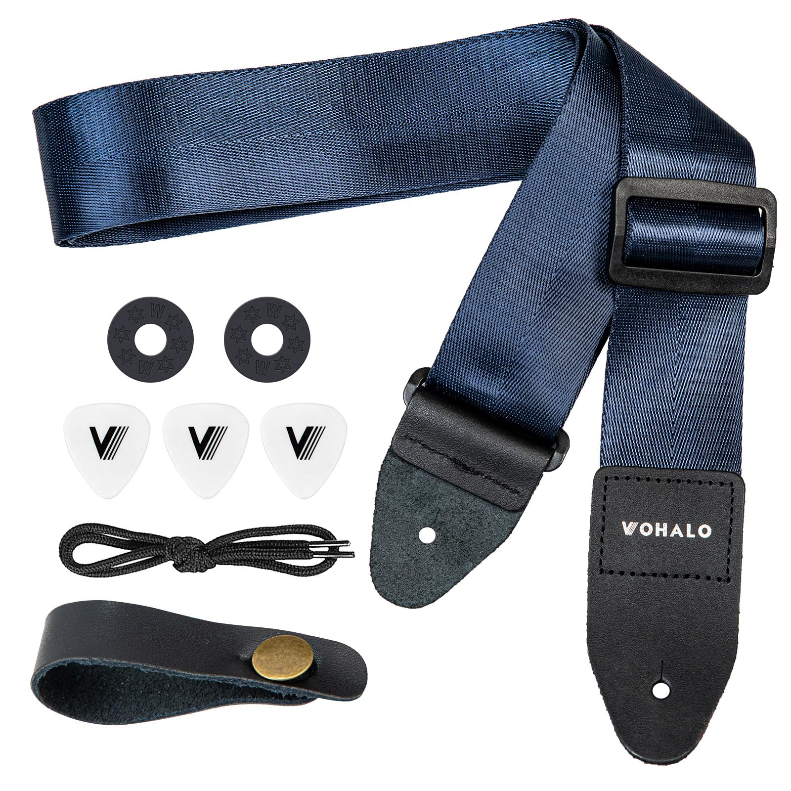 VOHALO Guitar Strap Adjustable Nylon Strap Length 36-60 Inches for Acoustic Electric Guitar Bass Strap Includes Picks and Accessories (Blue)