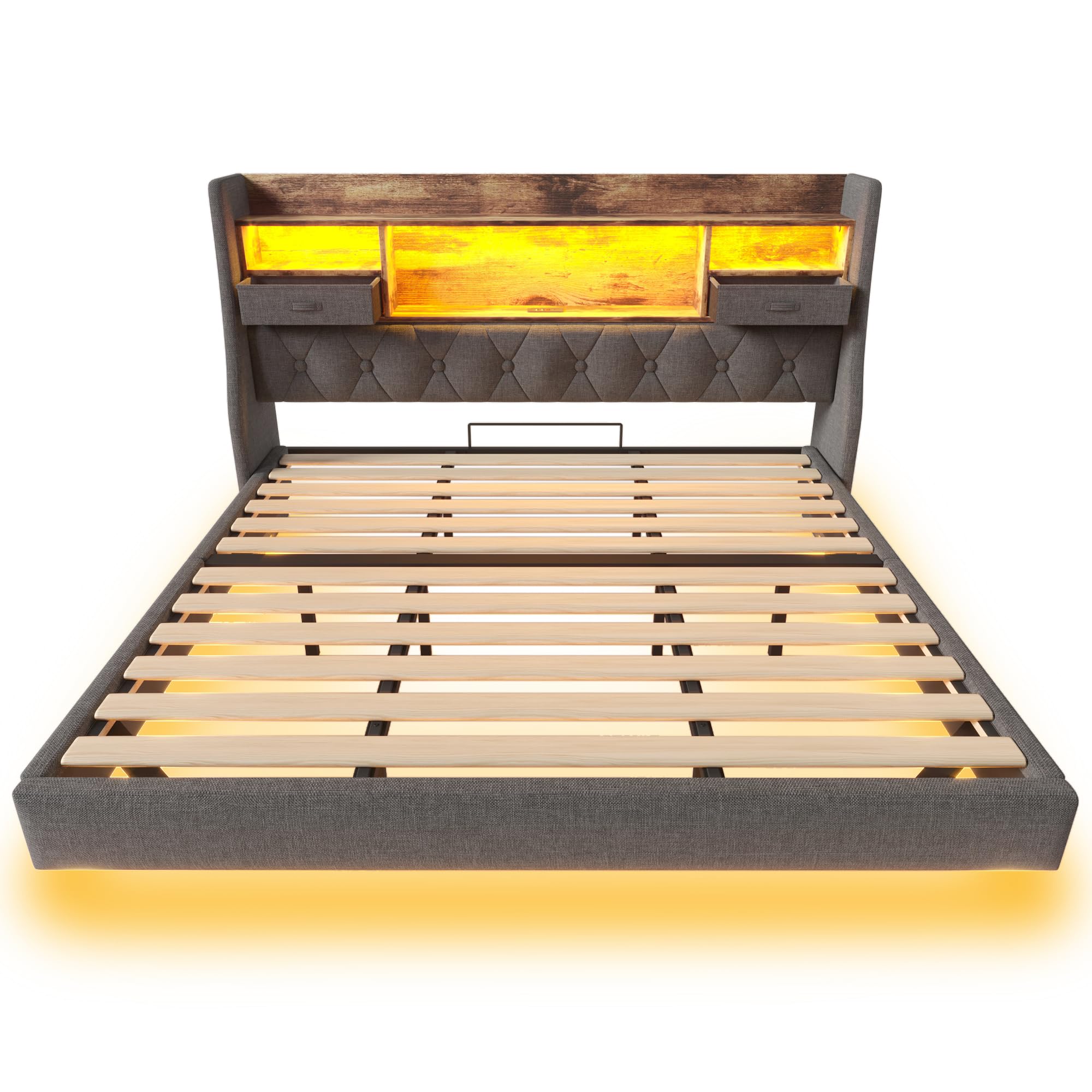 Polsterbett Doppelbett 180x200 cm, Schwebebett Jugendbett mit LED-Beleuchtung, Stauraum-Kopfteil und USB Type-C Ladestation, Funktionsbett Bettgestell mit Holz Lattenrost, Leinen, Ohne Matratze, Grau