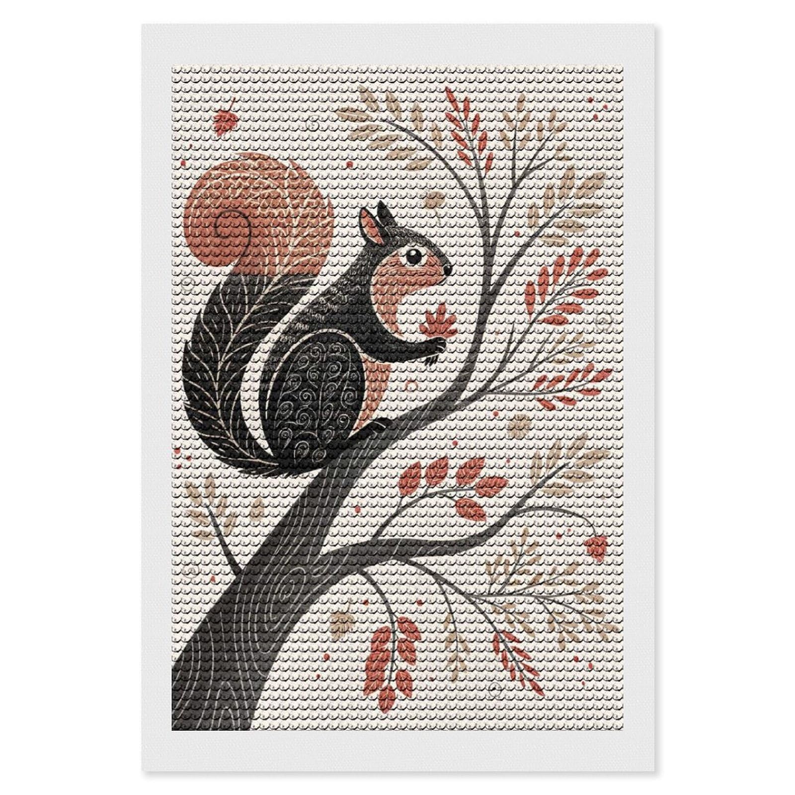 Junmoney Stylized Squirrel in Autumn Tree Diamond Painting Set 8"x12", Modern Decor, for Beginners, Printed Canvas, Thoughtful Handmade Gift, with Tool Kit