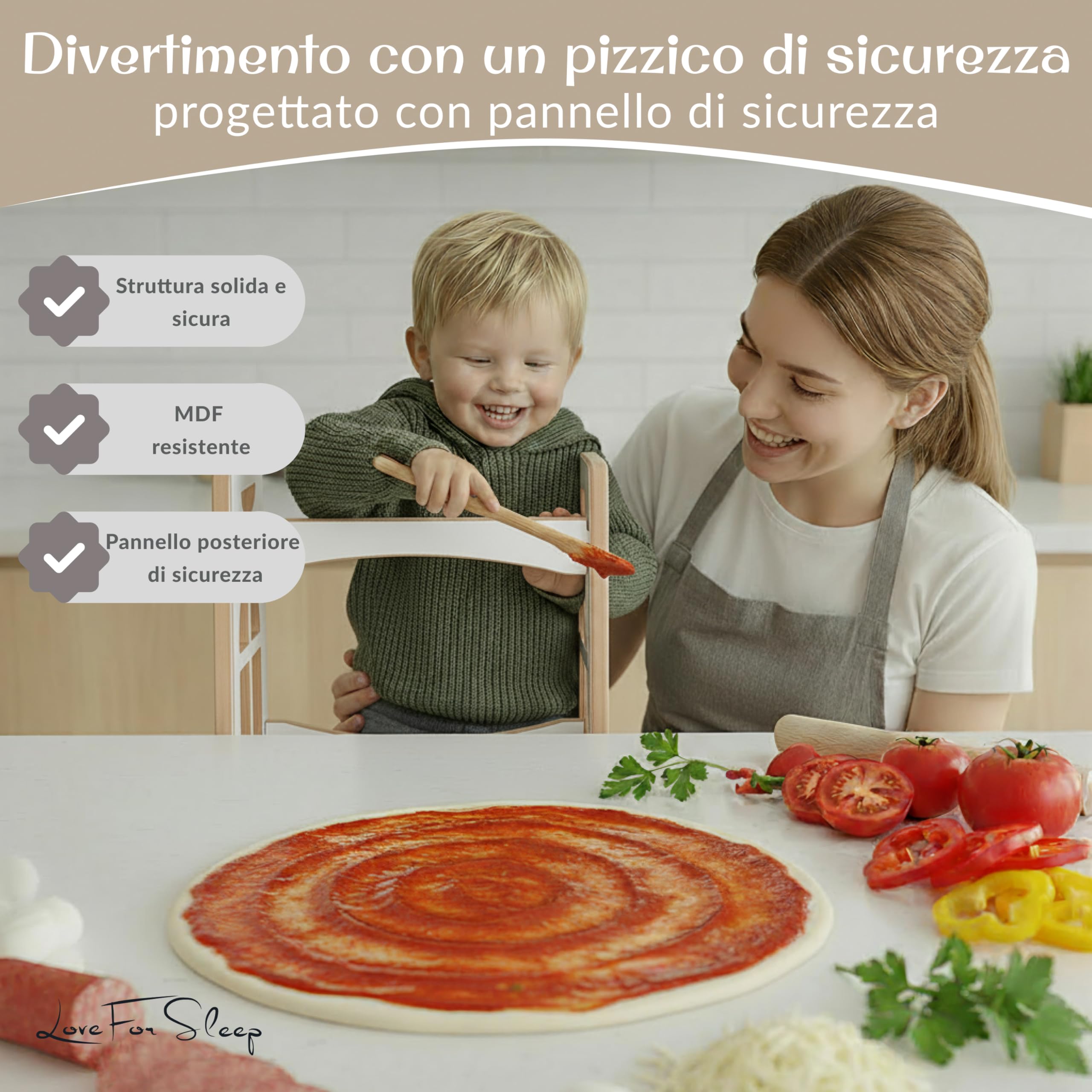 Torre Montessoriana in legno – Torre Apprendimento Montessori regolabile per bambini 2–6 anni, con 3 altezze sicure,Con supporti laterali anti-ribaltamento e pannello di sicurezza posteriore