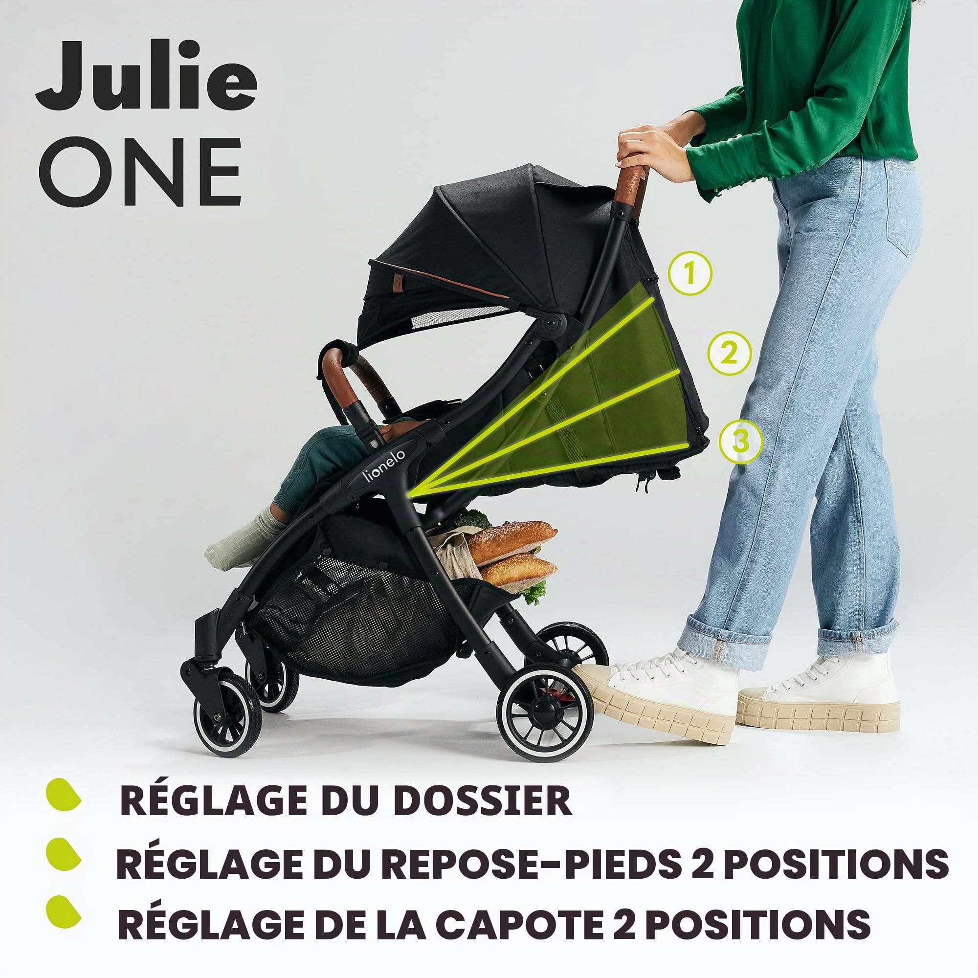 LIONELO Julie One Poussette légère pour nouveau-nés jusqu'à 22 kg Poussette compacte pliable réglable et inclinable Dossier ventilé Auvent étendu Chancelière Moustiquaire
