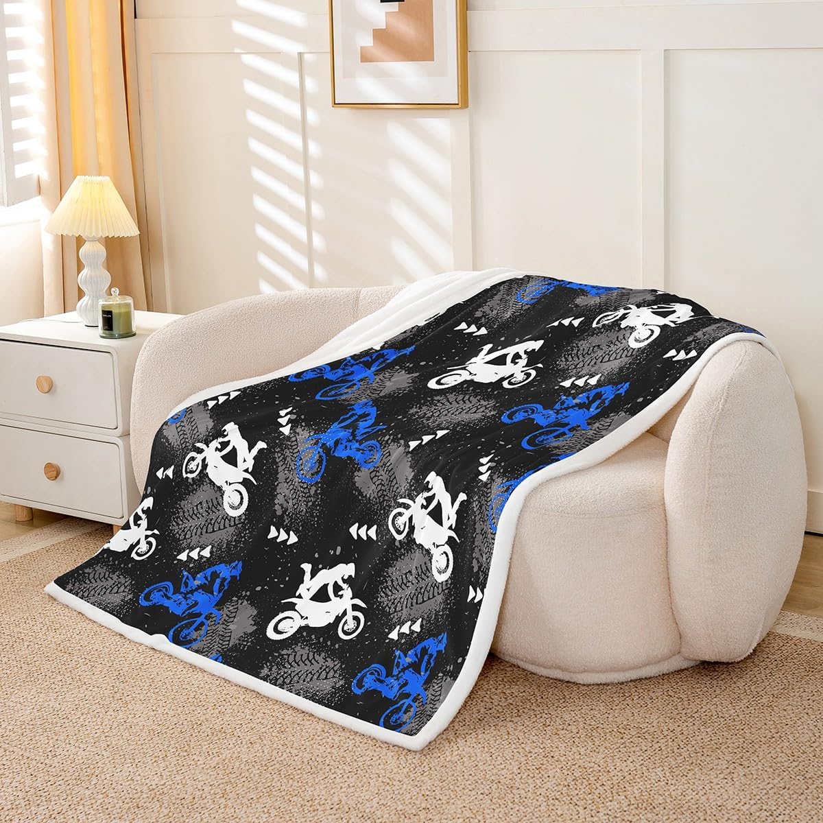 Feelyou Dirt Bike Fleece Throw Blanket Motocross Rider Sherpa Blanket for Kids Boys Girls Blue Grey Black Plush Blanket Extreme Sport Fuzzy Blanket for Sofa Bed Couch,Throw 50x60 Inches