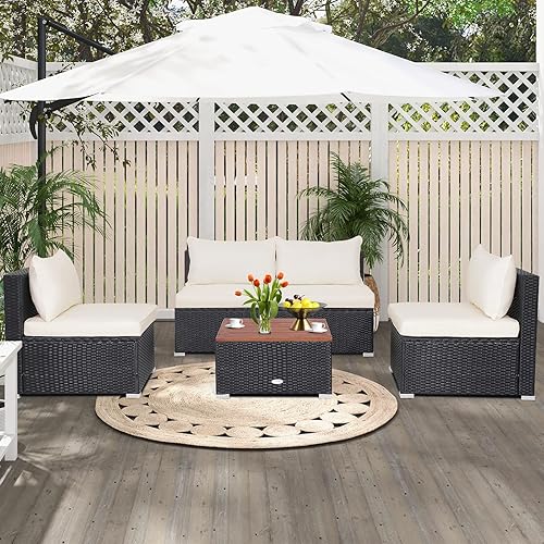 Miniatura 8 de Tangkula Patiojoy - Juego de muebles de patio para exteriores juego de conversación de mimbre de polietileno con mesa de madera de acacia maciza y