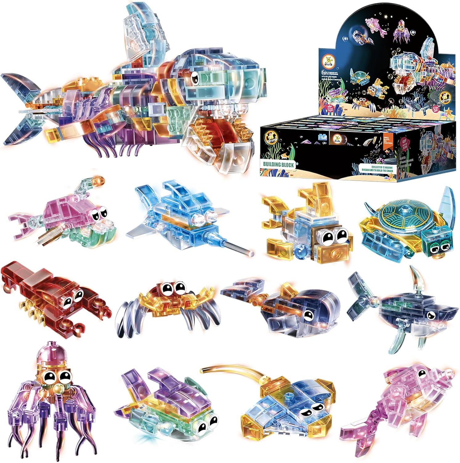 12 Piece Set of Marine Animal Building Blocks, Suitable for Goodie Bags, Stocking Stuffer, Classroom prizes, Birthday Gifts, Boys' and Girls' Toys 12 in one Building Block Set