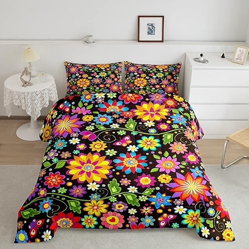 Juego de edredón de flores coloridas para niñas, tamaño individual, decoración de flores hippie para todas las estaciones, edredón de flores retro